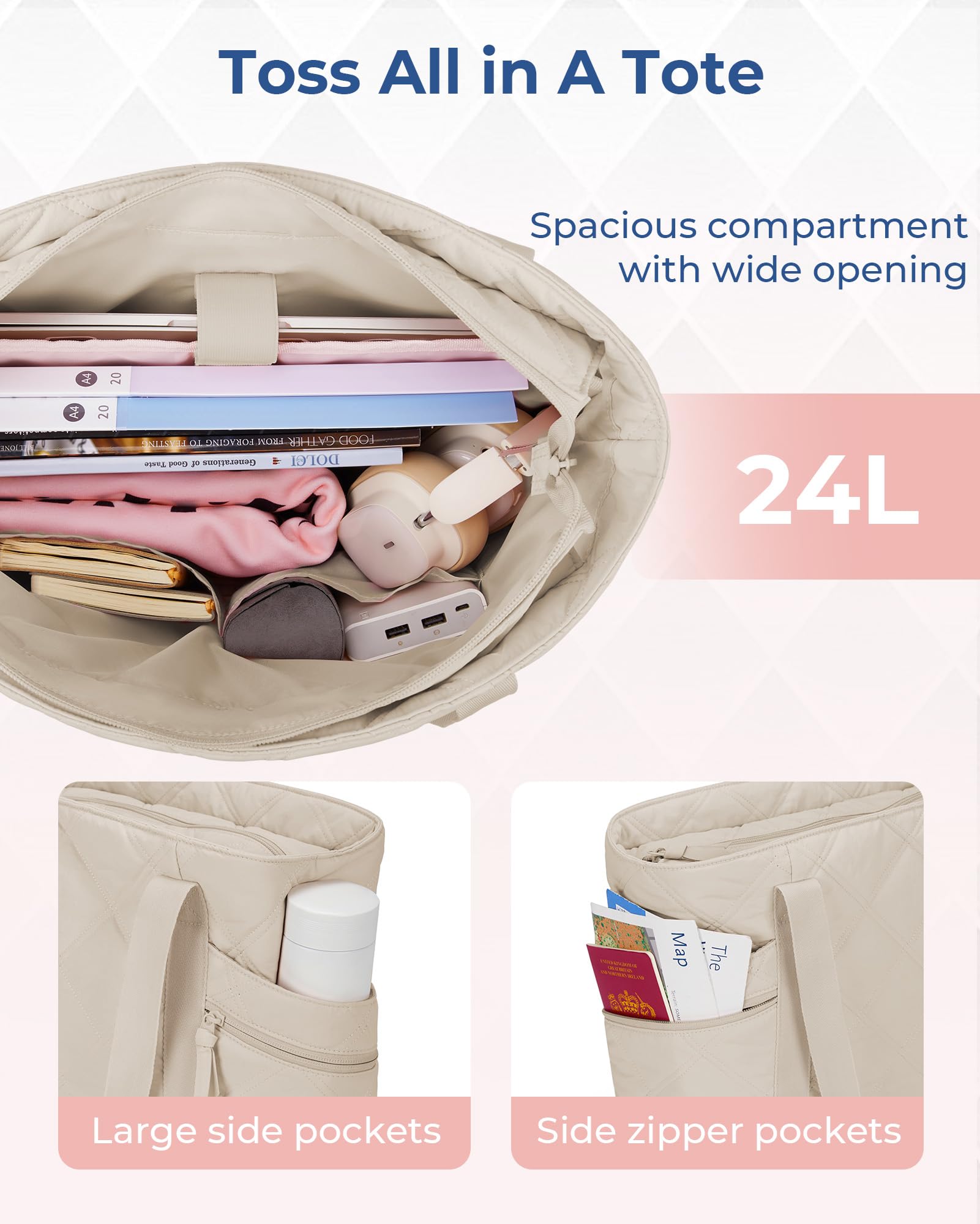 BAGSMART Quilted Puffer Tote Bag for Women - Zippered Carry On Travel Tote, Nurse Work Bag & Everyday Essentials Organizer - Perfect for Work, Travel, Gym & Shopping