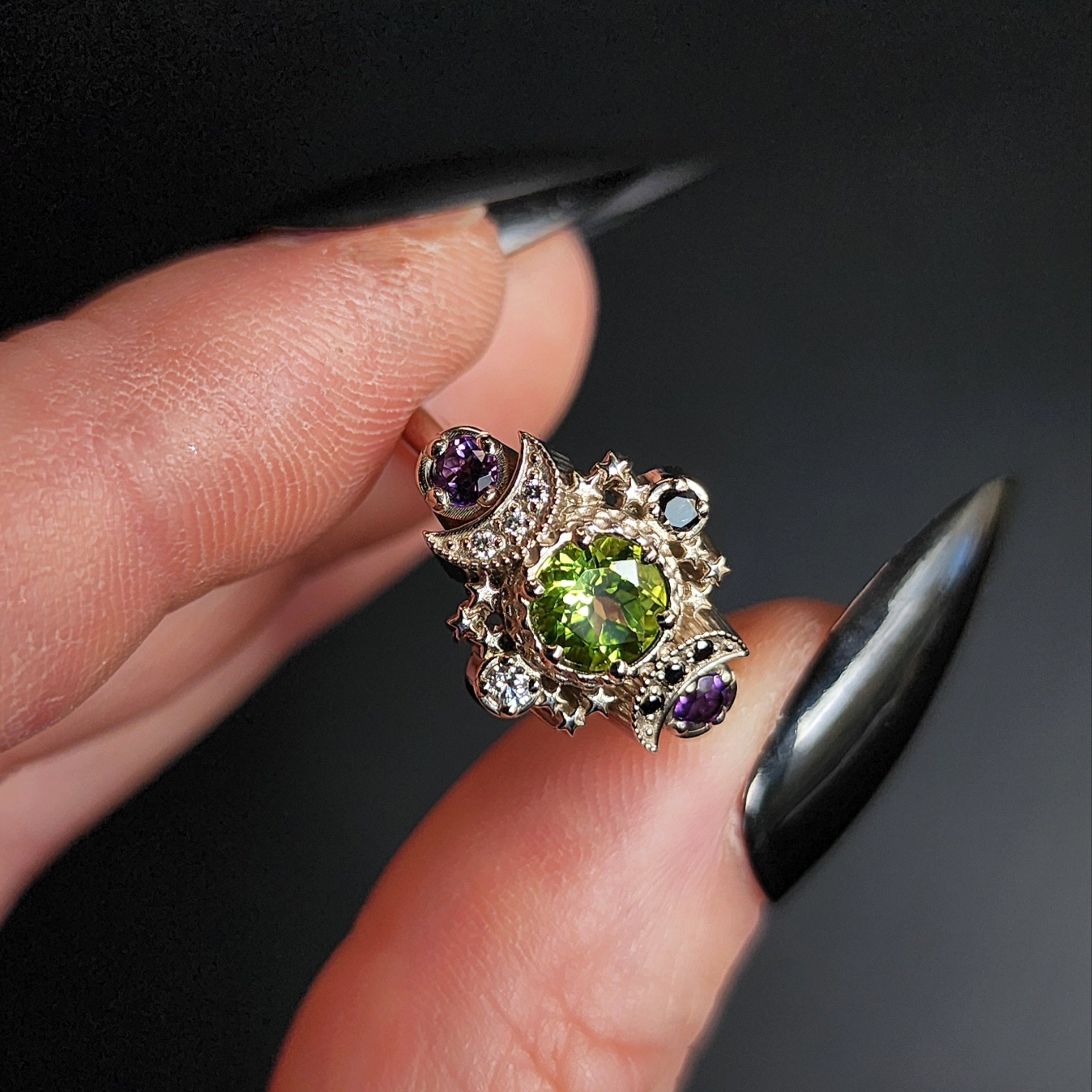 Peridot & Amethyst Spider Web Wedding Ring Set in 14k Palladium White Gold with Black & White Diamonds - Gothic Engagement Ring for Alternative Weddings, Dark Romance & Unique Jewelry Collections