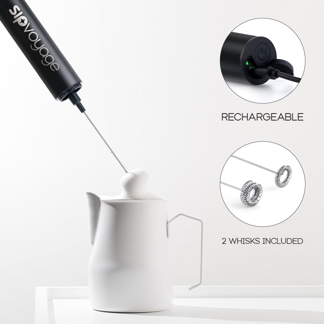 Rechargeable Milk Frother Handheld - 2 Whisks & 2 Speed Electric Coffee Frother for Latte, Cappuccino, Matcha - One Touch Drink Mixer for Home, Office, Coffee Shop (White)