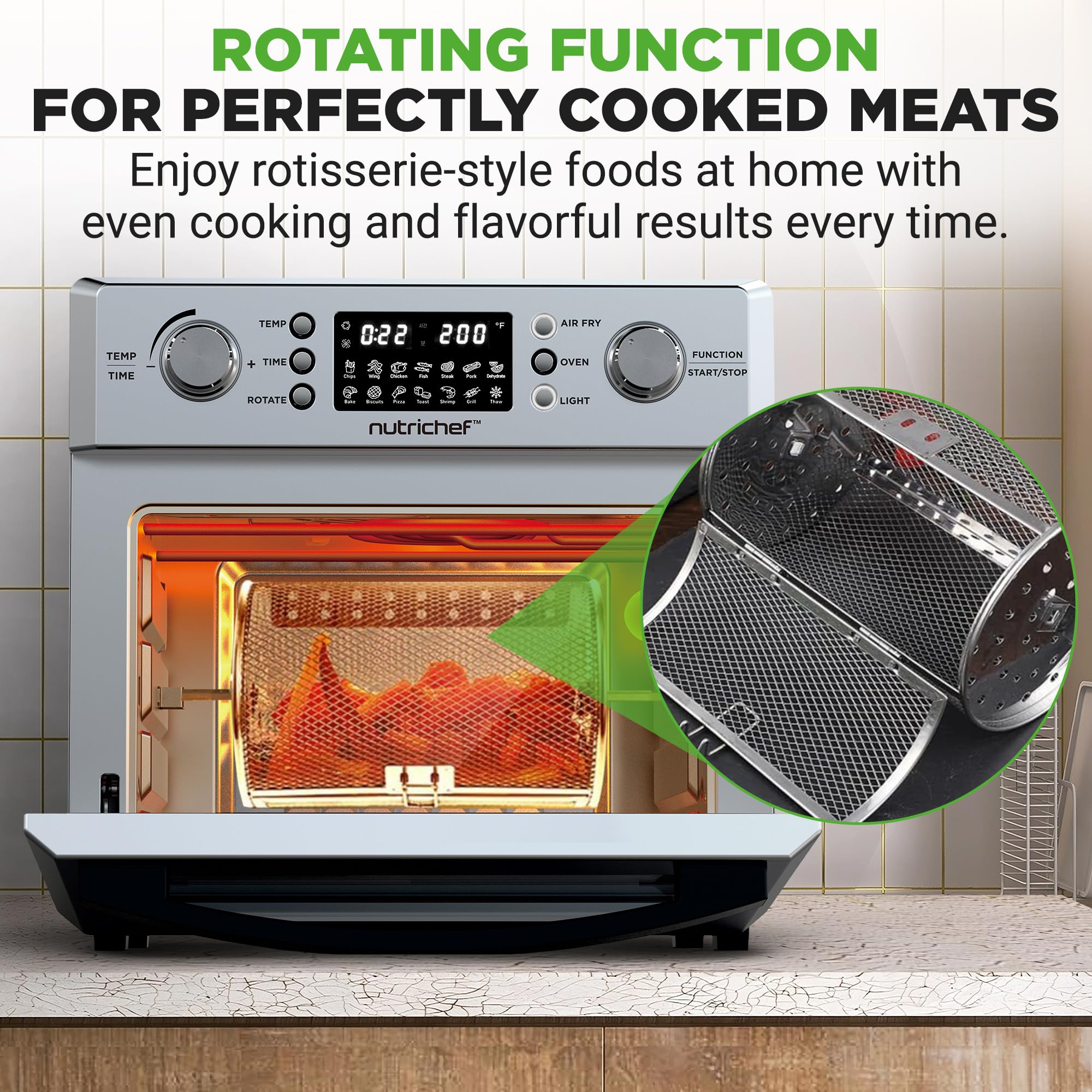 NutriChef 26L Electric Air Fryer Oven with Rotisserie - 1700W Countertop Air Fryer, 360° Rotating Feature, 10 Digital Presets - Includes Drip Tray, Basket & Bake Rack (15x16x14, Silver) - Perfect for Healthy Frying, Baking, Roasting & Family Meals