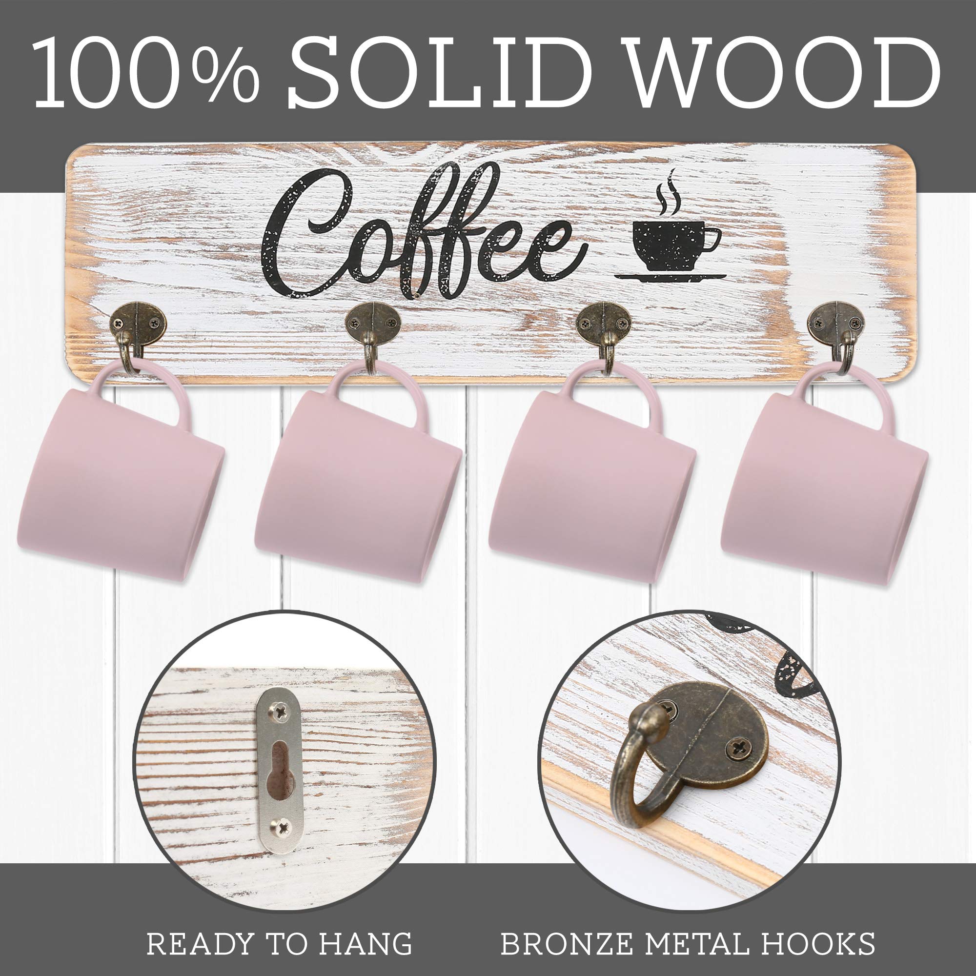 LotFancy Rustic Wall Mounted Coffee Mug Rack - Farmhouse Wood Cup Organizer with 12 Hooks for Home, Office & Kitchen Storage - White Coffee Nook Décor | Perfect for Small Space Organization & Coffee Bar Display