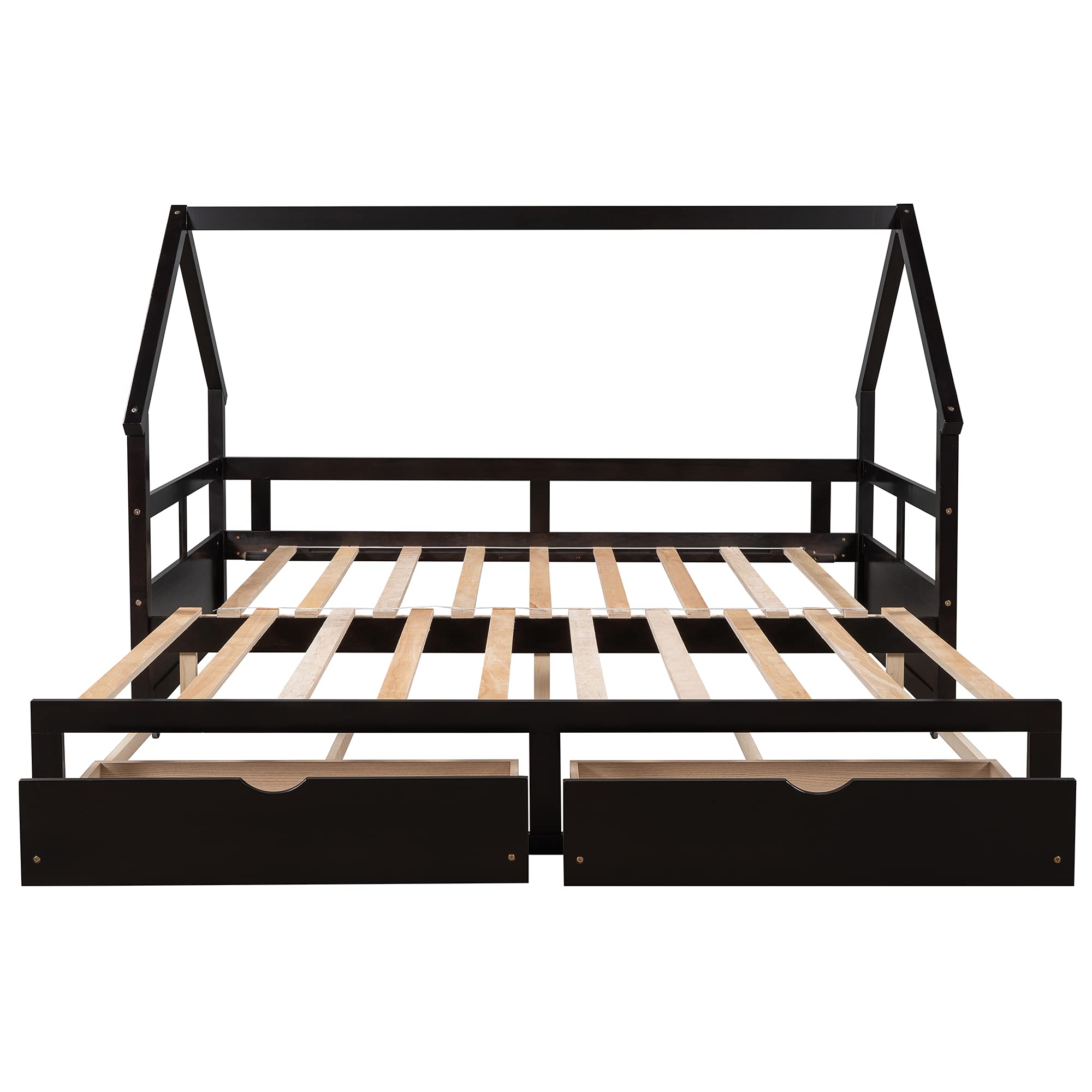 Wooden Daybed with Trundle & 2 Storage Drawers - Twin to King Size Convertible House Bed for Kids & Teens, No Box Spring Needed (Espresso) - Perfect for Guest Rooms, Dormitories & Small Spaces