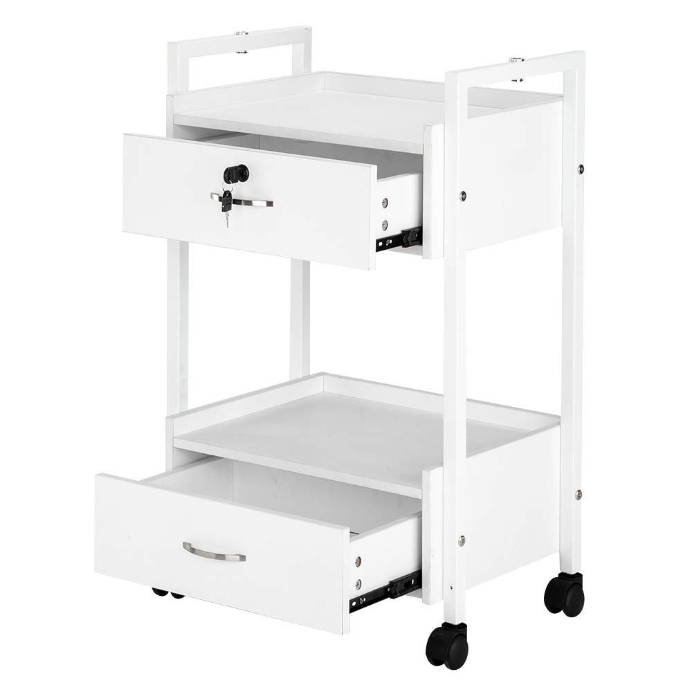 Professional Salon Trolley Cart for Beauty SPA & Massage - White Wooden Rolling Storage Cabinet with 2 Drawers (1 Lockable) - Mobile Utility Station for Estheticians, Tattoo Artists & Medical Supplies - Perfect for Facial Treatments, Waxing & Nail Services