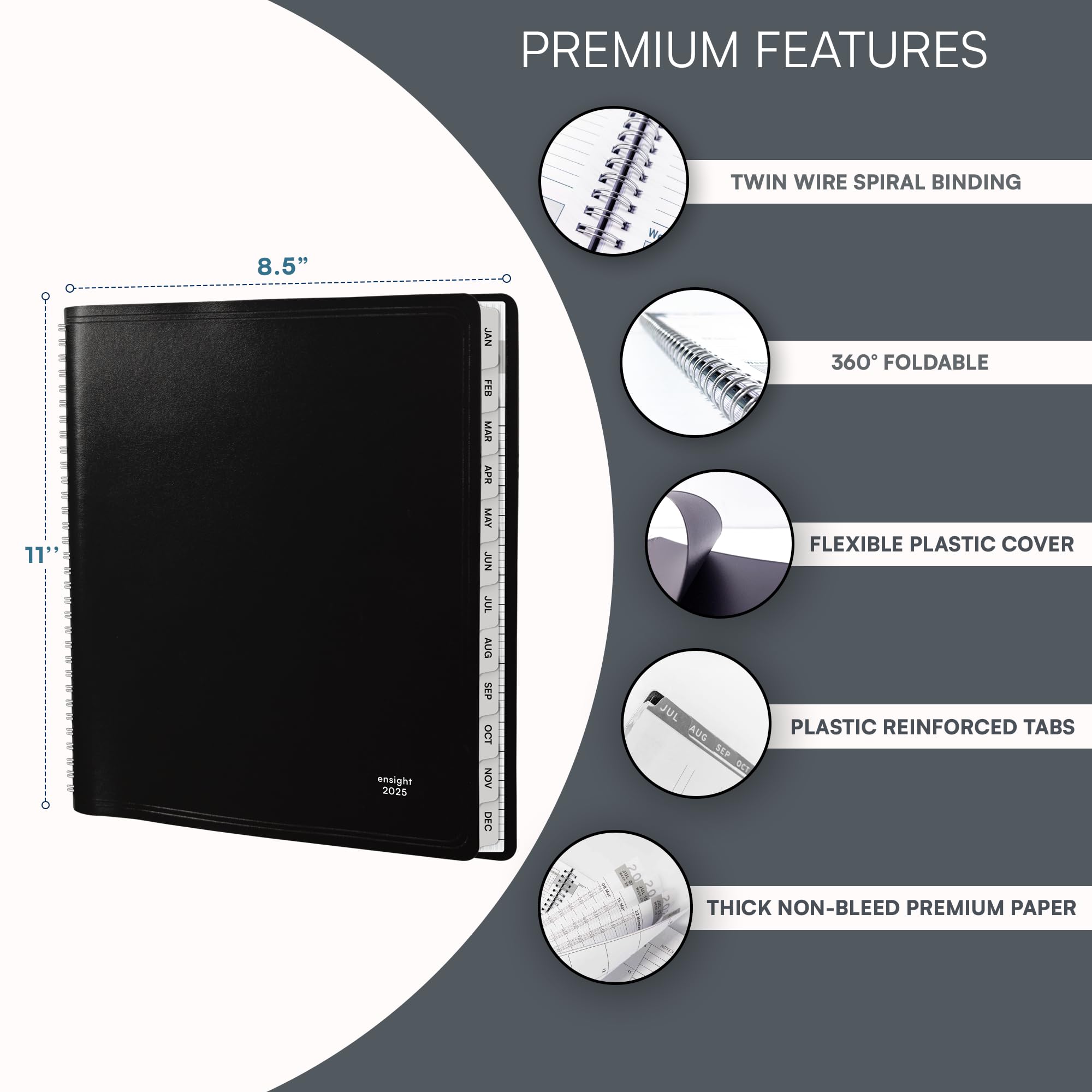 2025 Daily Planner with 15-Minute Time Slots - Large 8.5 x 11 Inch Tabbed Weekly & Monthly Organizer for Business & Personal Use - January to December 2025 Appointment Book - Perfect for Office, School, and Home Scheduling (Black)