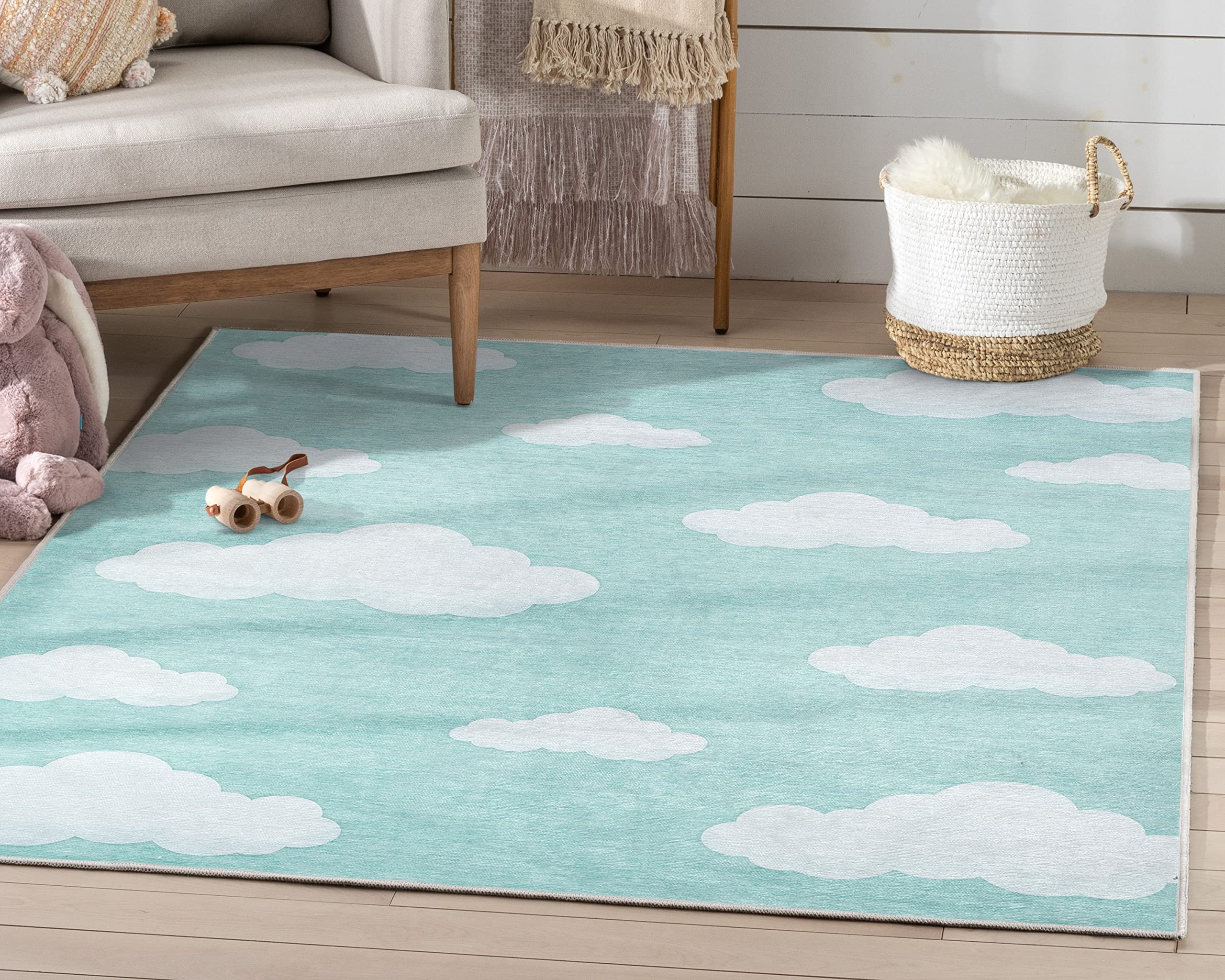 Well Woven Kids Rugs - Cloud 9 Green Modern Machine Washable 6' x 9' Area Rug for Nursery, Playroom & Bedroom - Soft Non-Slip Children's Floor Carpet for Toddlers & Kids