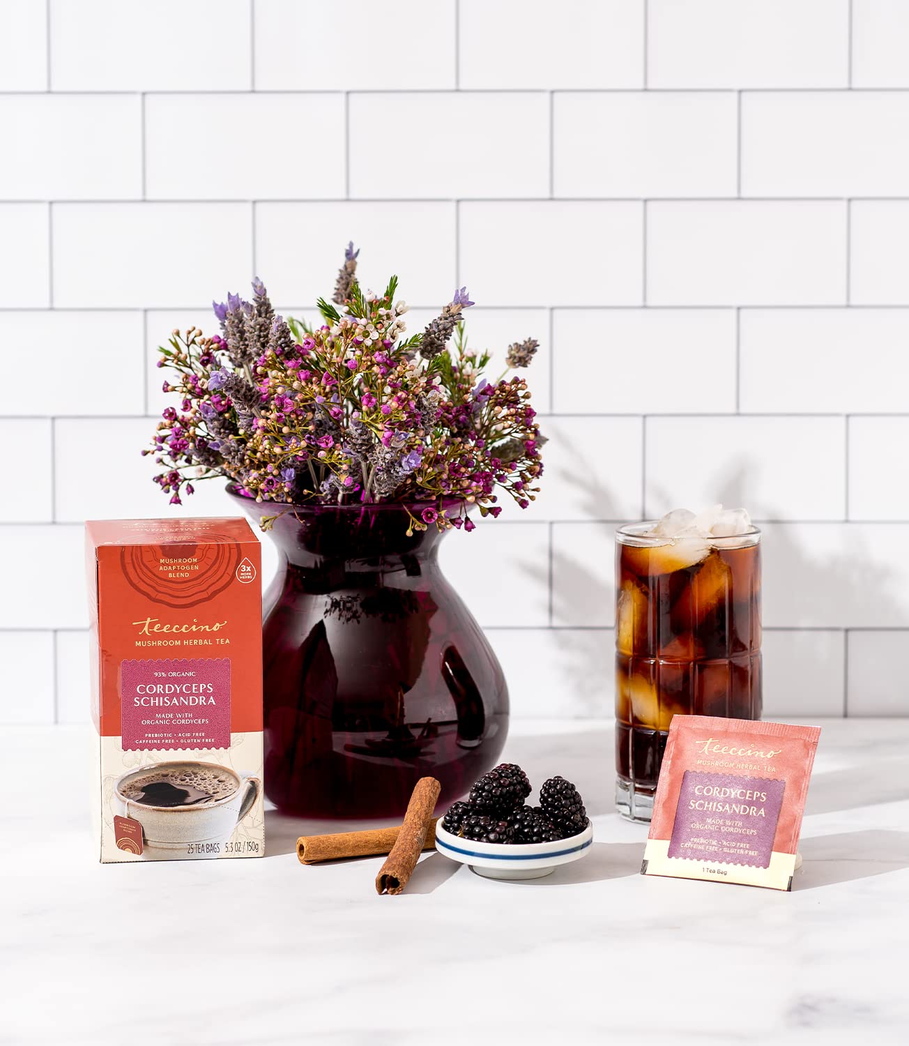 Organic Cordyceps Schisandra Herbal Tea - Cinnamon Berry Flavor, Caffeine-Free Adaptogenic Mushroom Tea with 3x More Herbs, Naturally Sweet, Gluten-Free, Prebiotic - 25 Tea Bags for Relaxation & Immune Support