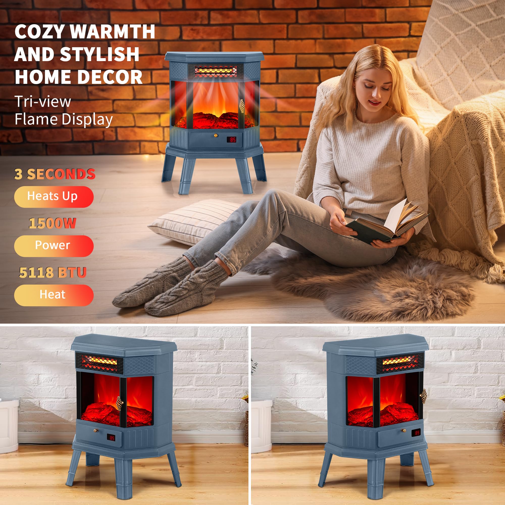 RealSmart 22-inch Freestanding Electric Fireplace Heater with 3D Flame Effect, Remote Control, Timer & Overheating Protection - Blue - Perfect for Bedroom, Living Room & Office Warmth