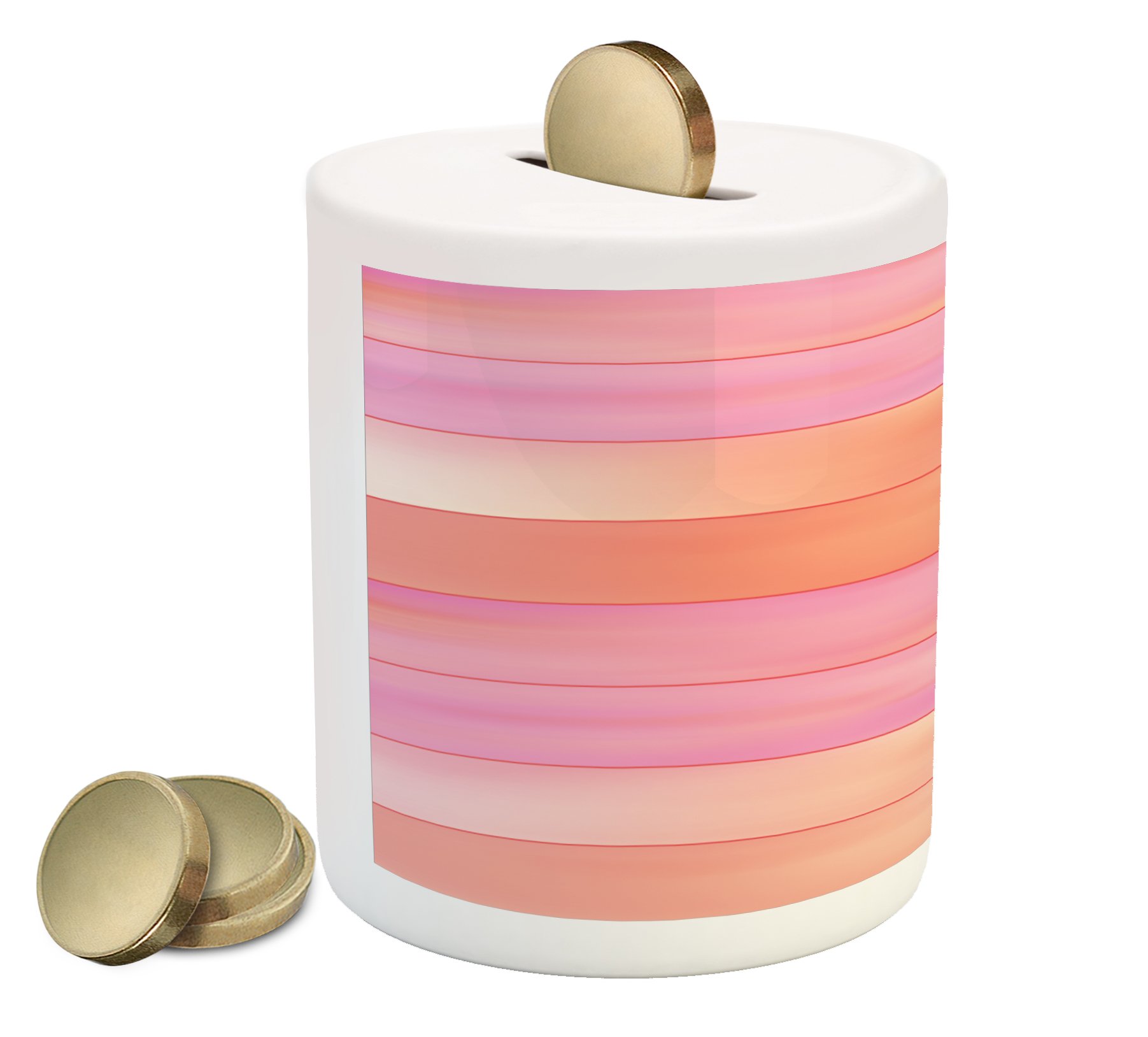 Ambesonne Ceramic Piggy Bank - Orange & Pink Vertical Stripes with Pastel Geometric Design | Money Saving Coin Bank for Kids & Adults | Perfect for Birthday Gifts, Home Decor, and Financial Education