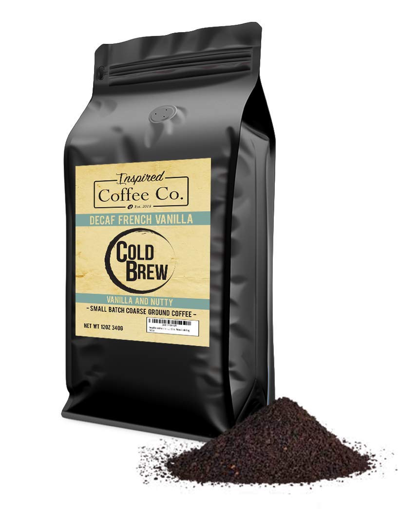 Decaf French Vanilla Flavored Cold Brew Coffee - Swiss Water Processed Coarse Ground Coffee - 12 oz Resealable Bag (Blue & Black) - Perfect for Iced Coffee, Office Brewing & Camping Trips