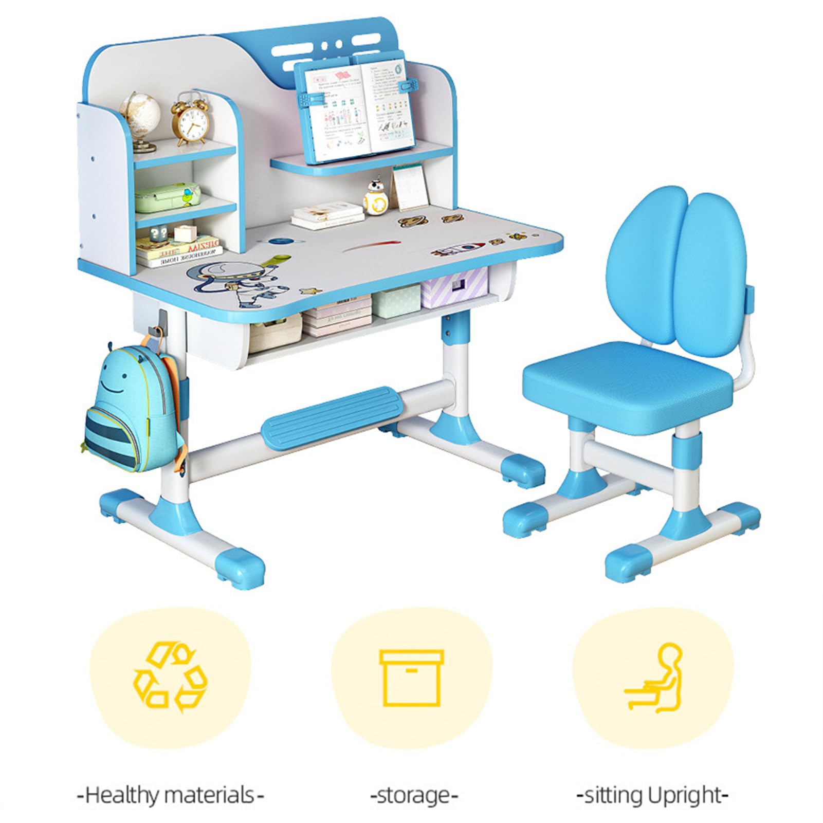 Adjustable Kids Study Desk and Chair Set - Ergonomic Children's School Furniture with Writing Board, Bookshelf & Storage Drawer (Blue) - Perfect for Homework, Online Learning & Bedroom Organization