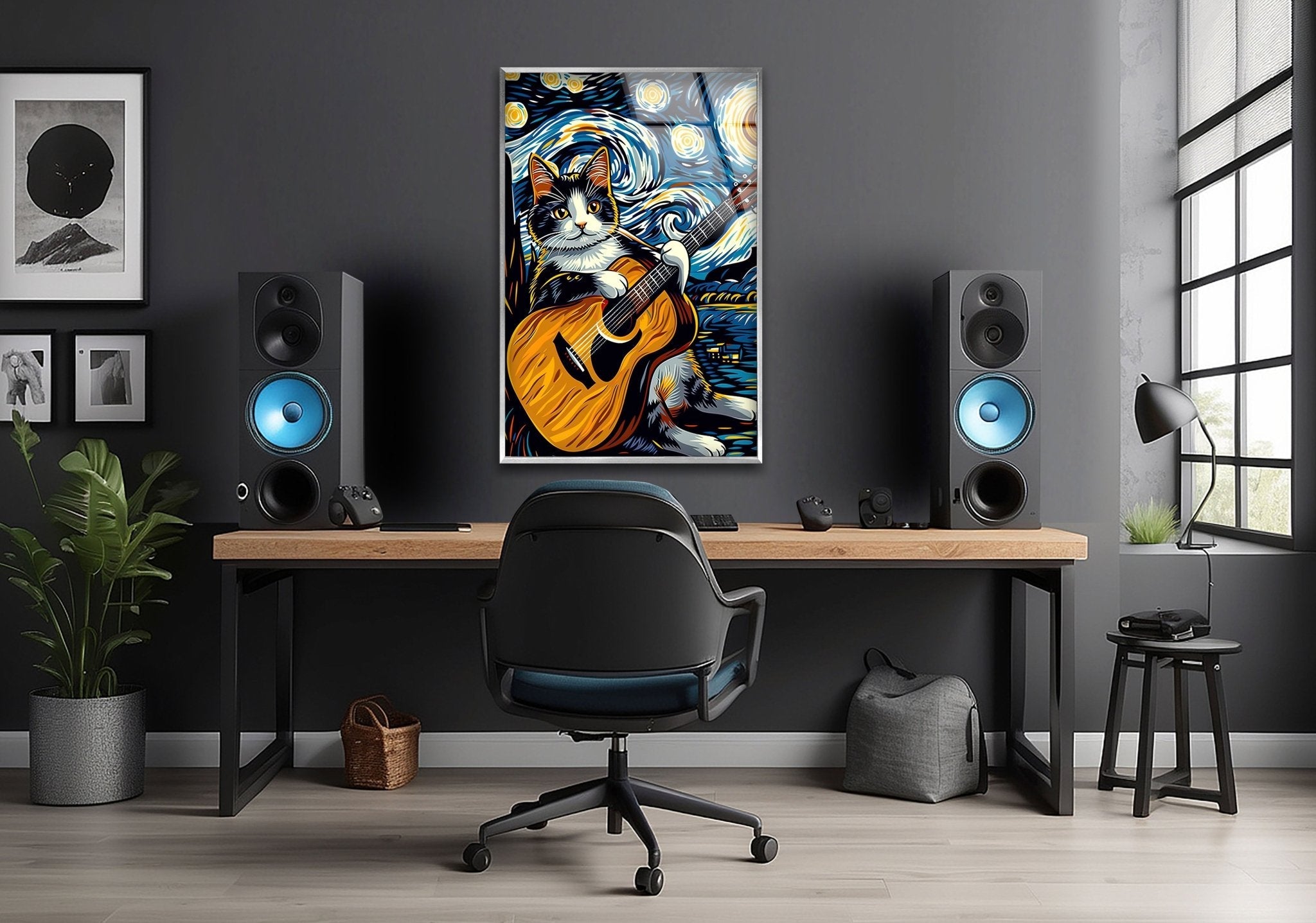 Adorable Cat Playing Guitar Glass Wall Art - Unique Home Decor for Living Room, Bedroom & Office - Perfect Gift for Cat Lovers