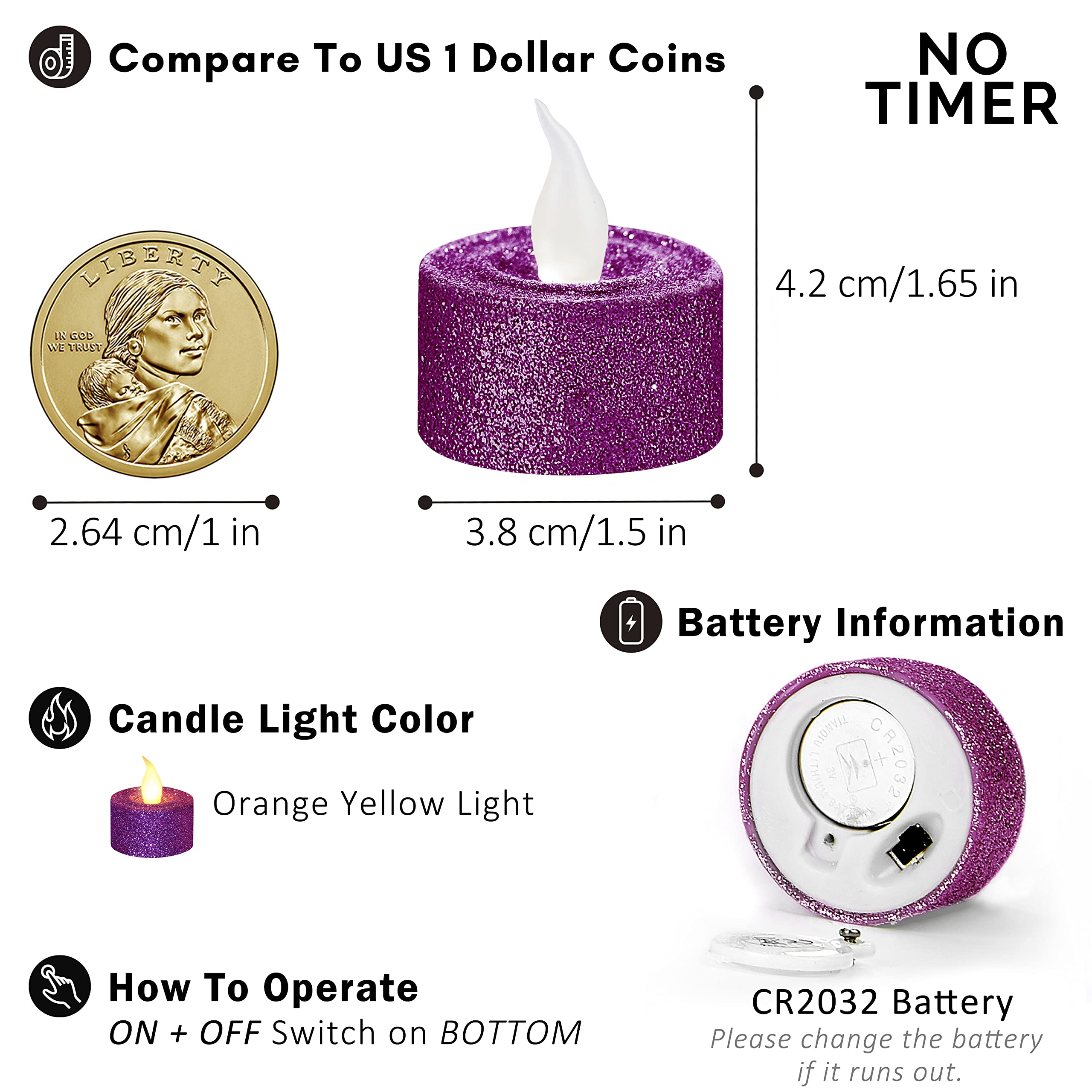 FURORA LIGHTING Purple Glitter LED Tealight Candles - Pack of 12 Flameless Flickering Battery Operated Tea Lights - 1.5