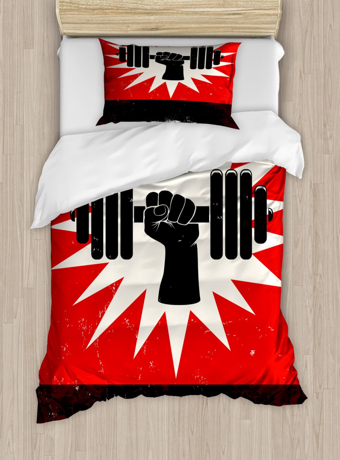 Ambesonne Fitness Duvet Cover Set - Vintage Dumbbell Workout Design, 2-Pack California King Size Bedding with 4 Pillowcases (Vermilion Black Cream) | Perfect for Gym Lovers & Home Workout Enthusiasts