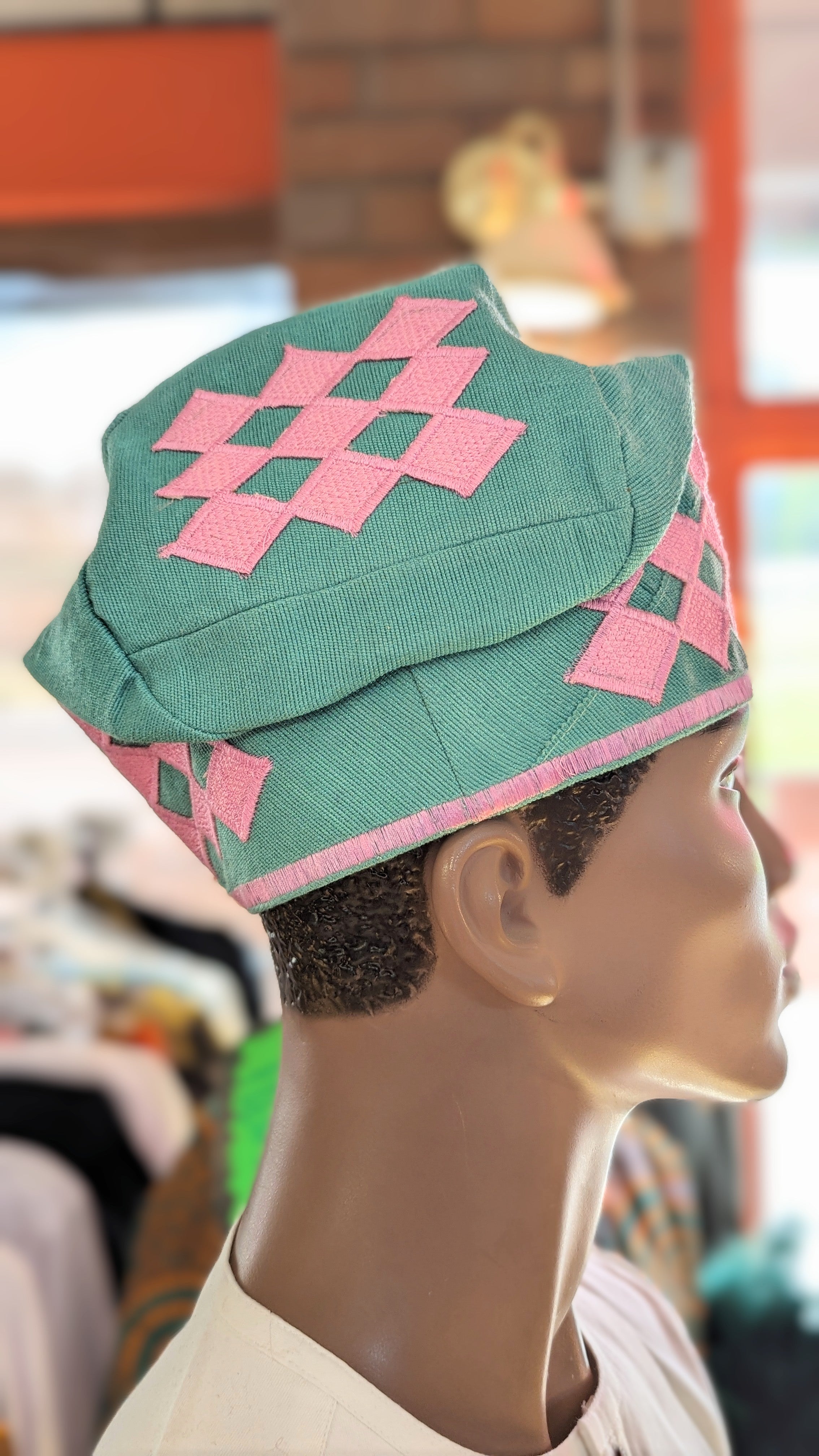 Dupsie's Light Green & Pink Embroidered Fila Handwoven Kufi Hat - Breathable Cotton, Adjustable Fit for Men & Women - Perfect for Prayer, Cultural Events & Everyday Wear (DPHLGP11)