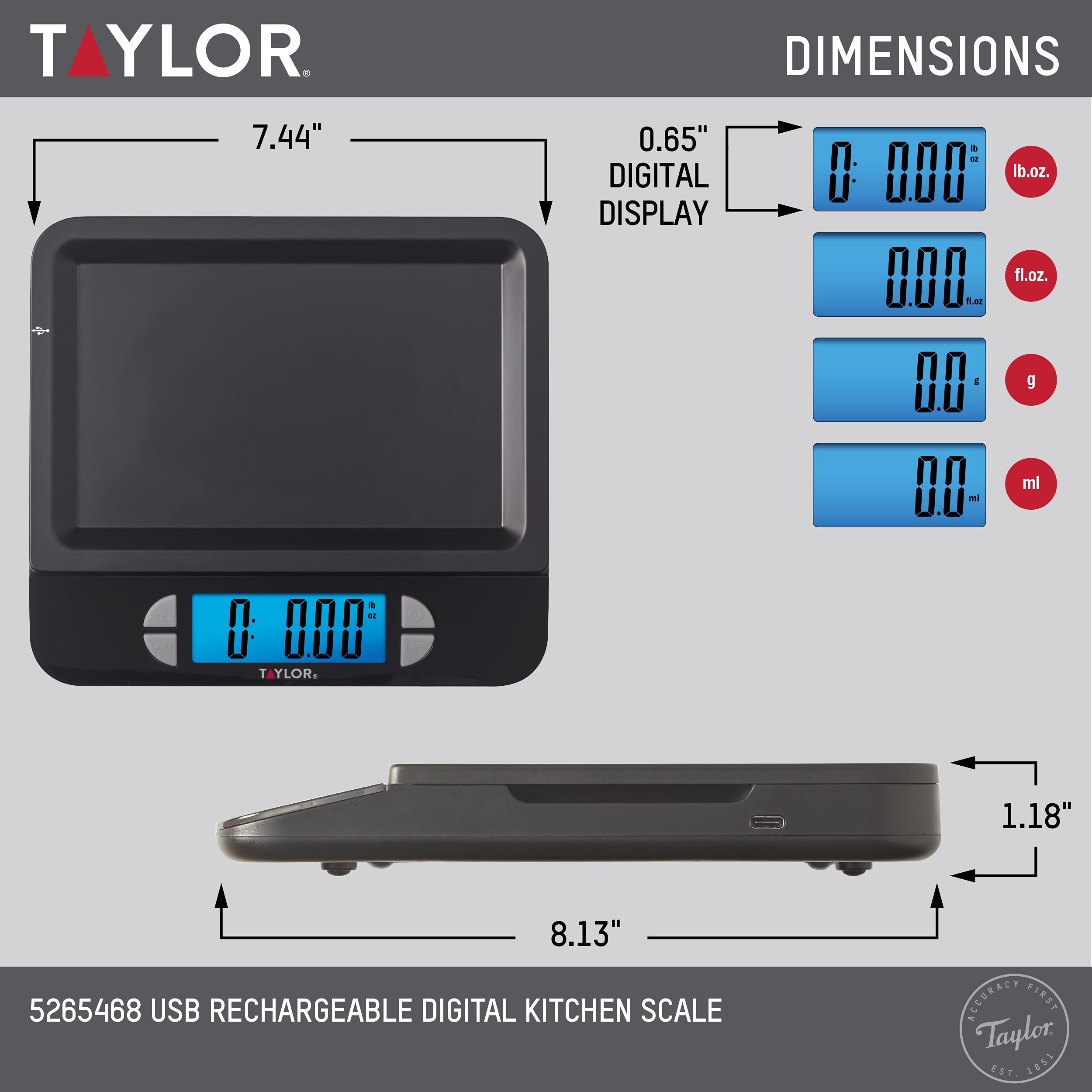 Taylor USB Rechargeable Digital Kitchen and Food Scale - 11lb Precision Weight Scale with Dishwasher Safe Tray & Cord | Perfect for Baking, Cooking, Meal Prep & Portion Control