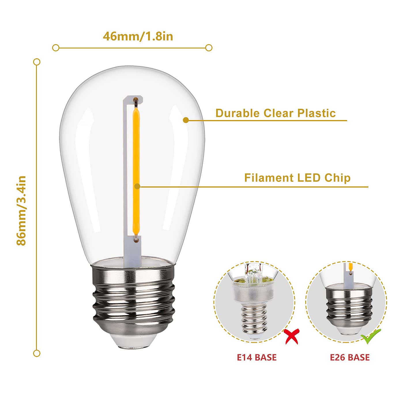 Shatterproof LED String Lights - Waterproof Outdoor Fairy Lights, Warm White 2200K, 70LM Brightness, E26 Base (15 Pack) - Perfect for Patio, Garden, Wedding & Christmas Decorations