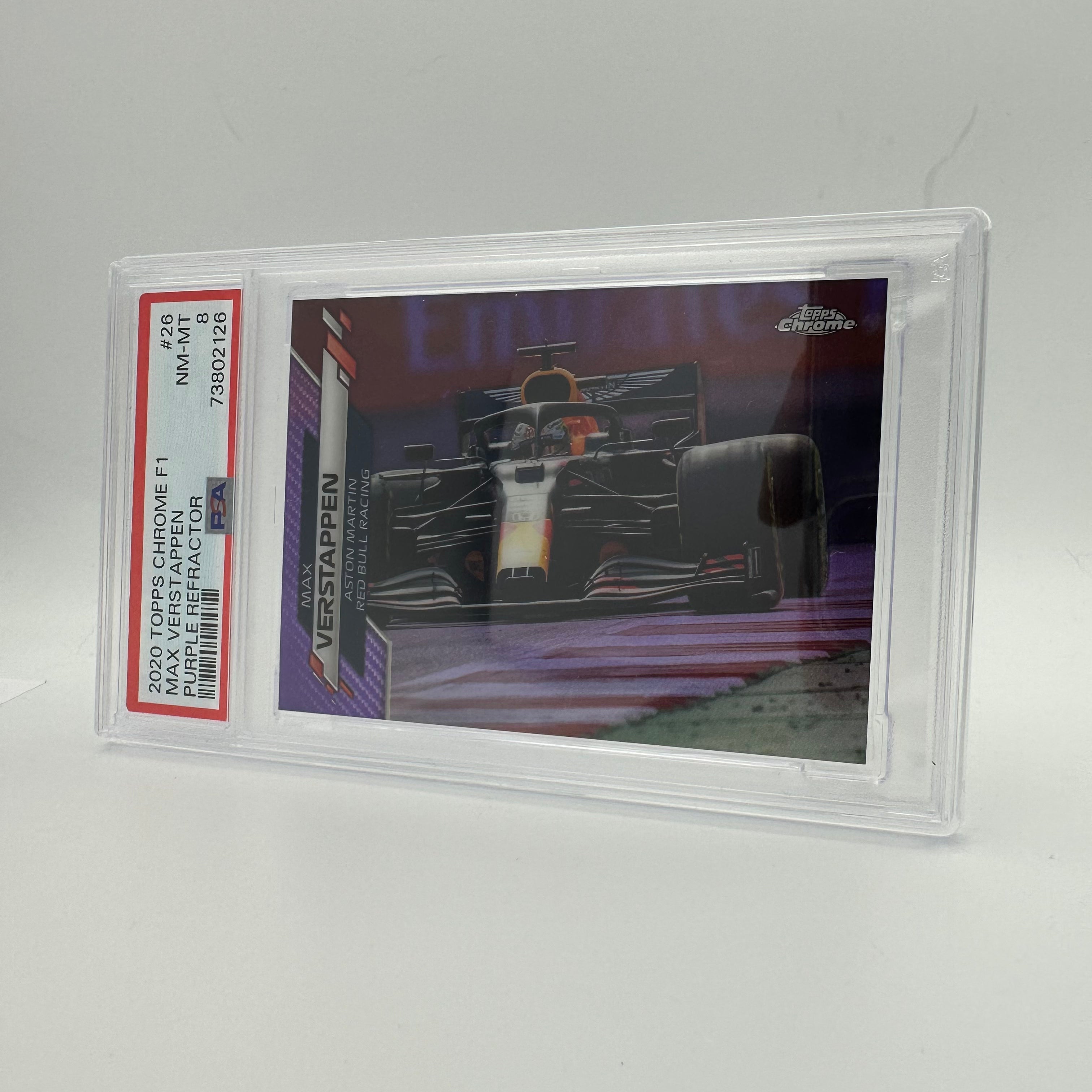 PSA 8 Graded 2018 Topps Chrome Formula 1 Max Verstappen #26 Purple Refractor Rookie Card - Perfect for F1 Collectors & Racing Memorabilia Displays