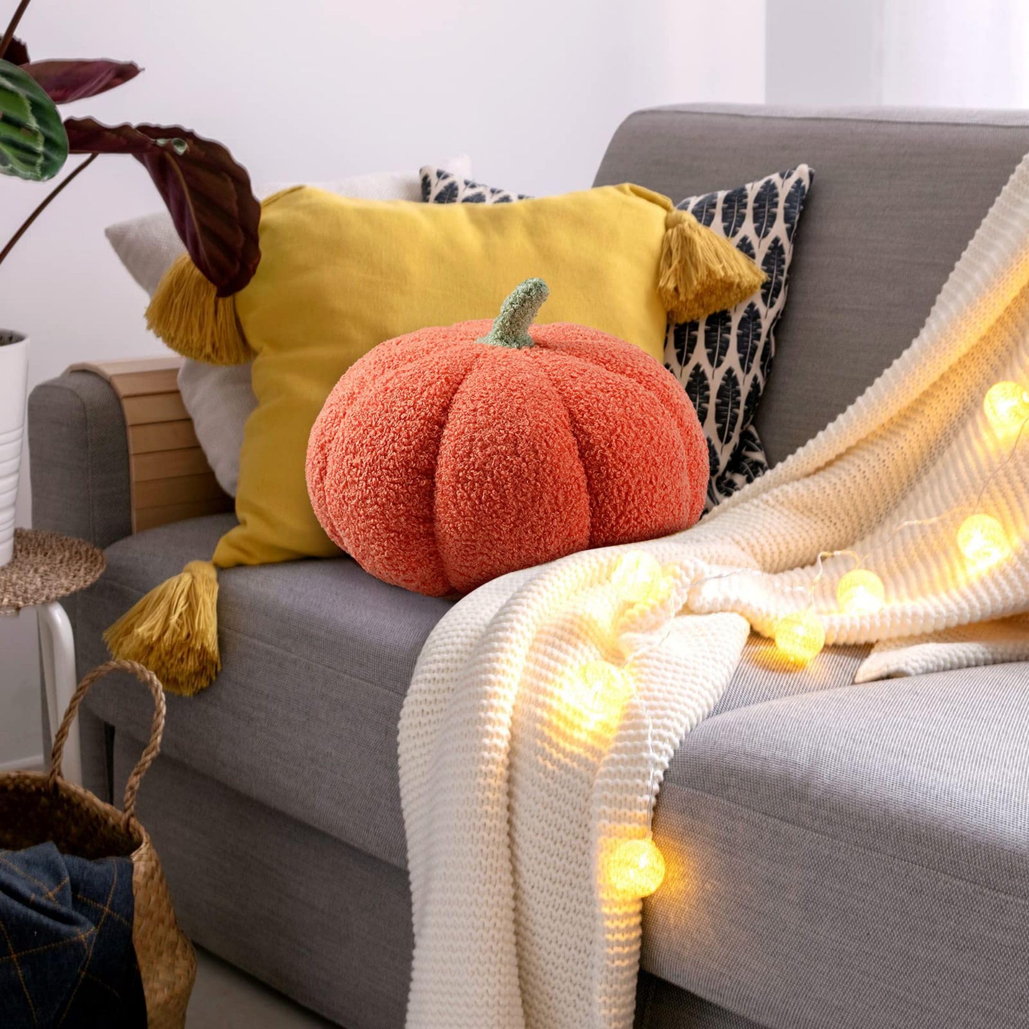 **Glow-in-The-Dark Halloween Pumpkin Pillows - 8 Inch Orange 3D Fluffy Plush Throw Pillow for Sofa, Couch & Bed Decor - Includes 2 Glow Stickers - Perfect for Fall, Thanksgiving & Spooky Home Decor**