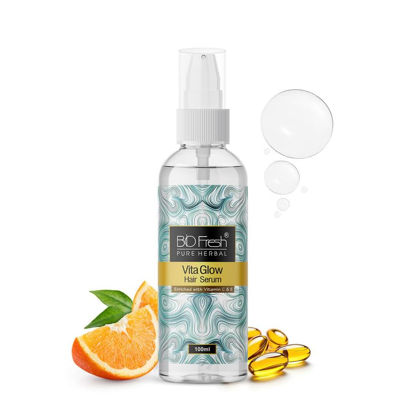 BIOFRESH HERBALS Vita Glow Hair Serum - 100ml Vitamin C & E Enriched Treatment for Dry, Frizzy & Unmanageable Hair - Instant Shine & Smoothness for Men & Women - Perfect for Daily Hair Care & Styling (Pack of 1)