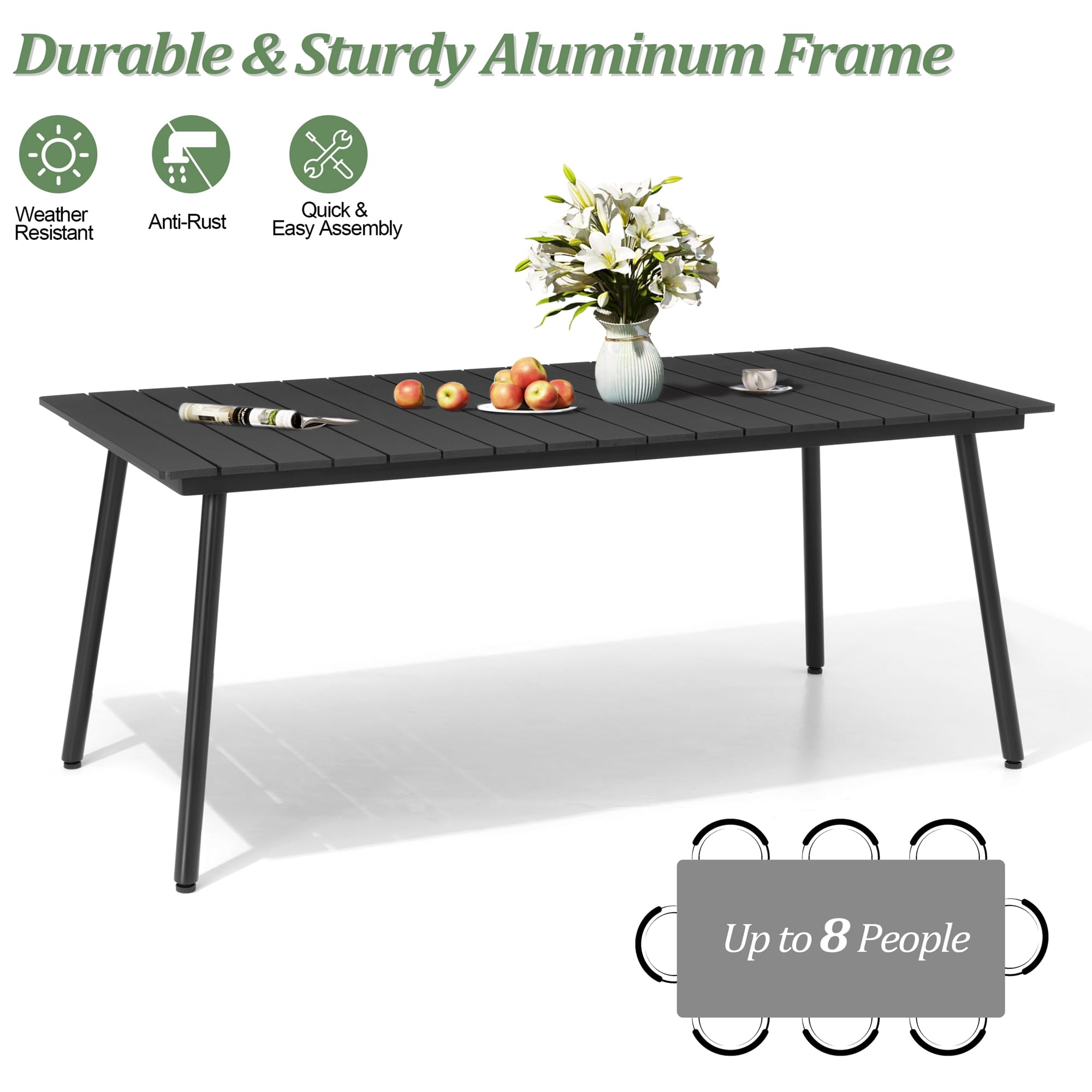 70 Inch Outdoor Dining Table - Weather-Resistant Wood-Like Top & Aluminum Frame - Rectangular Patio Table with Umbrella Hole - Perfect for Backyard BBQs, Poolside Gatherings & Garden Parties (Black)