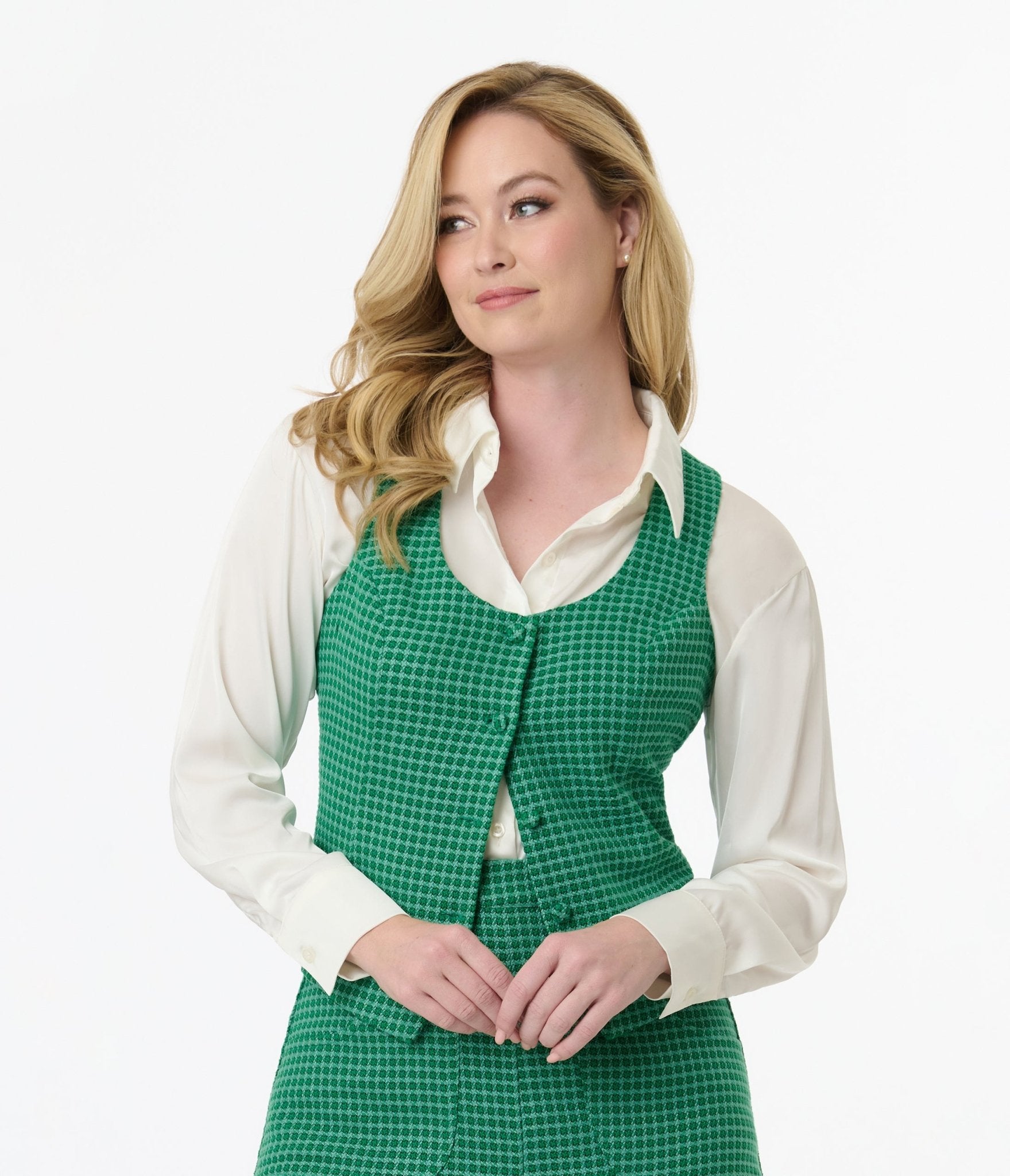 Stylish Smak Parlour Green Houndstooth Scoop Neck Vest for Women | Trendy Fashion Top | Perfect for Office, Party & Casual Wear