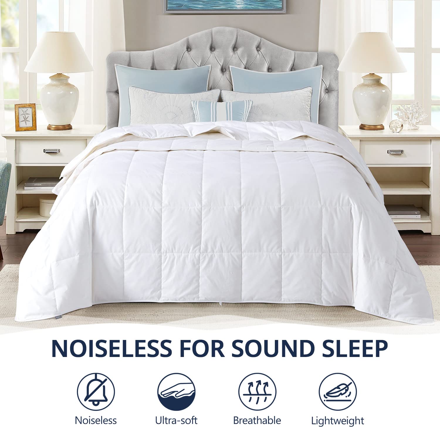 Globon Down Blanket - Ultra Lightweight Summer Comforter & Duvet Insert | Noiseless & Super Soft Queen Size (90x90 inches) | 10oz Fill Weight White Down Alternative | Perfect for Bedroom, Guest Room & Air Conditioning Use