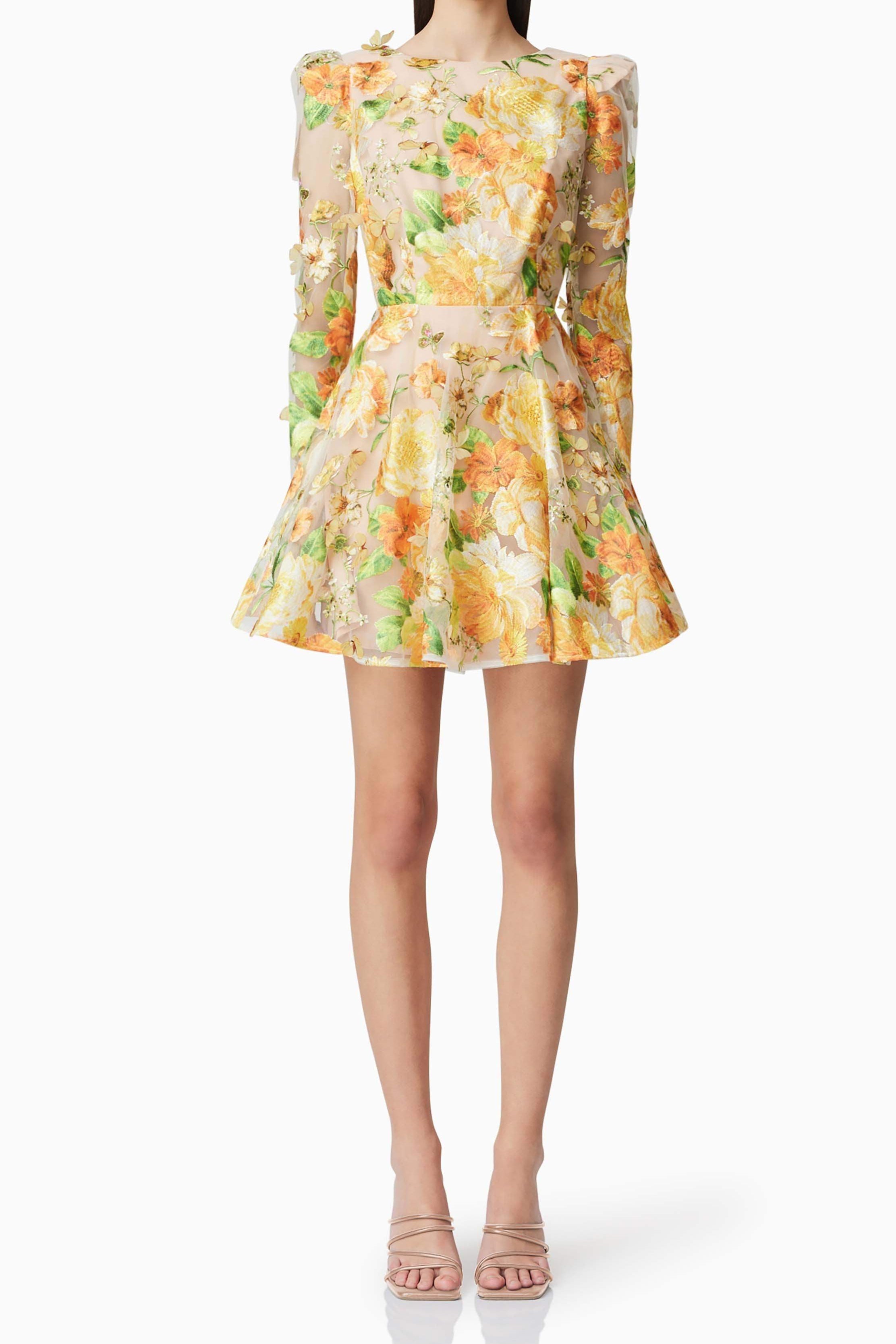 Aella Yellow Floral Embroidery A-Line Mini Dress for Women - Perfect for Summer Parties, Weddings & Casual Outings