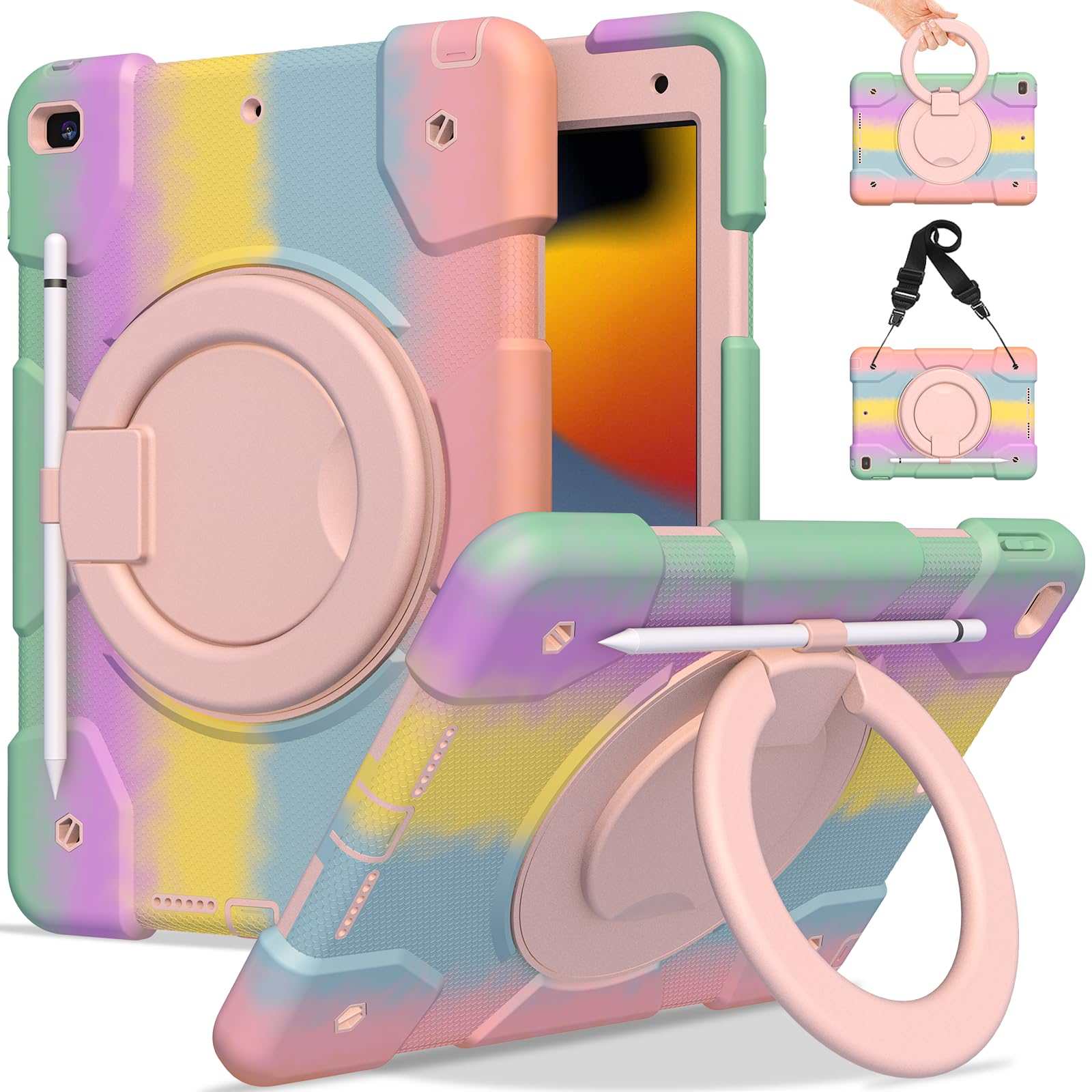 Andnary Heavy Duty Shockproof Case for iPad 10.2 inch (9th/8th/7th Generation) - 360° Rotating Handle, Stand, Pencil Holder & Shoulder Strap | Kids Protective Cover for iPad 2021/2020/2019 in Pink | Perfect for School, Travel & Outdoor Activities