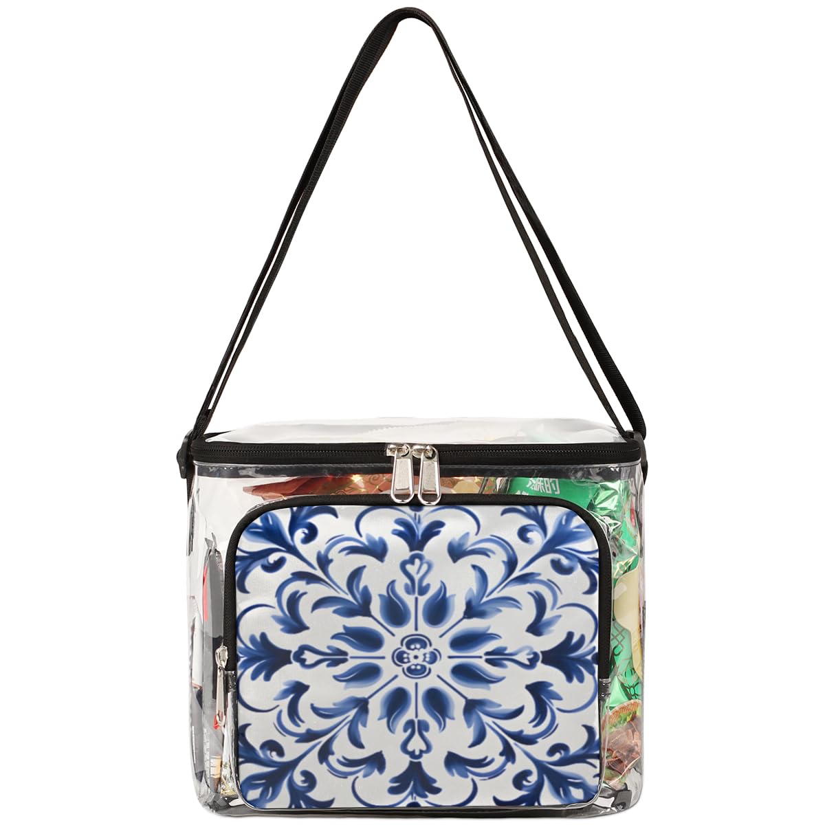 GzLeyigou Blue Floral Transparent Tote Bag - Abstract Flower Design with Handles, Crossbody & Shoulder Strap - Perfect for Outdoor, Travel, Picnic, Concerts & Sports Events (Stadium Approved) - Great for Beach Days, Shopping Trips and Festival Essentials