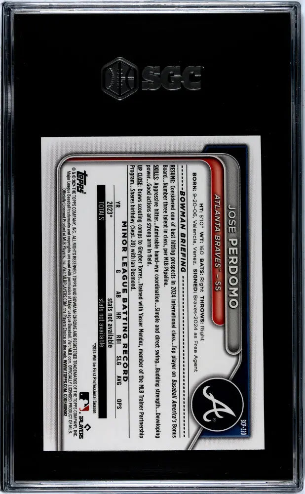 2024 1st Bowman Chrome Jose Perdomo Speckle Refractor SGC 9/299 #BCP 220 Baseball Card - Rare Collectible for Sports Memorabilia & Trading Card Enthusiasts