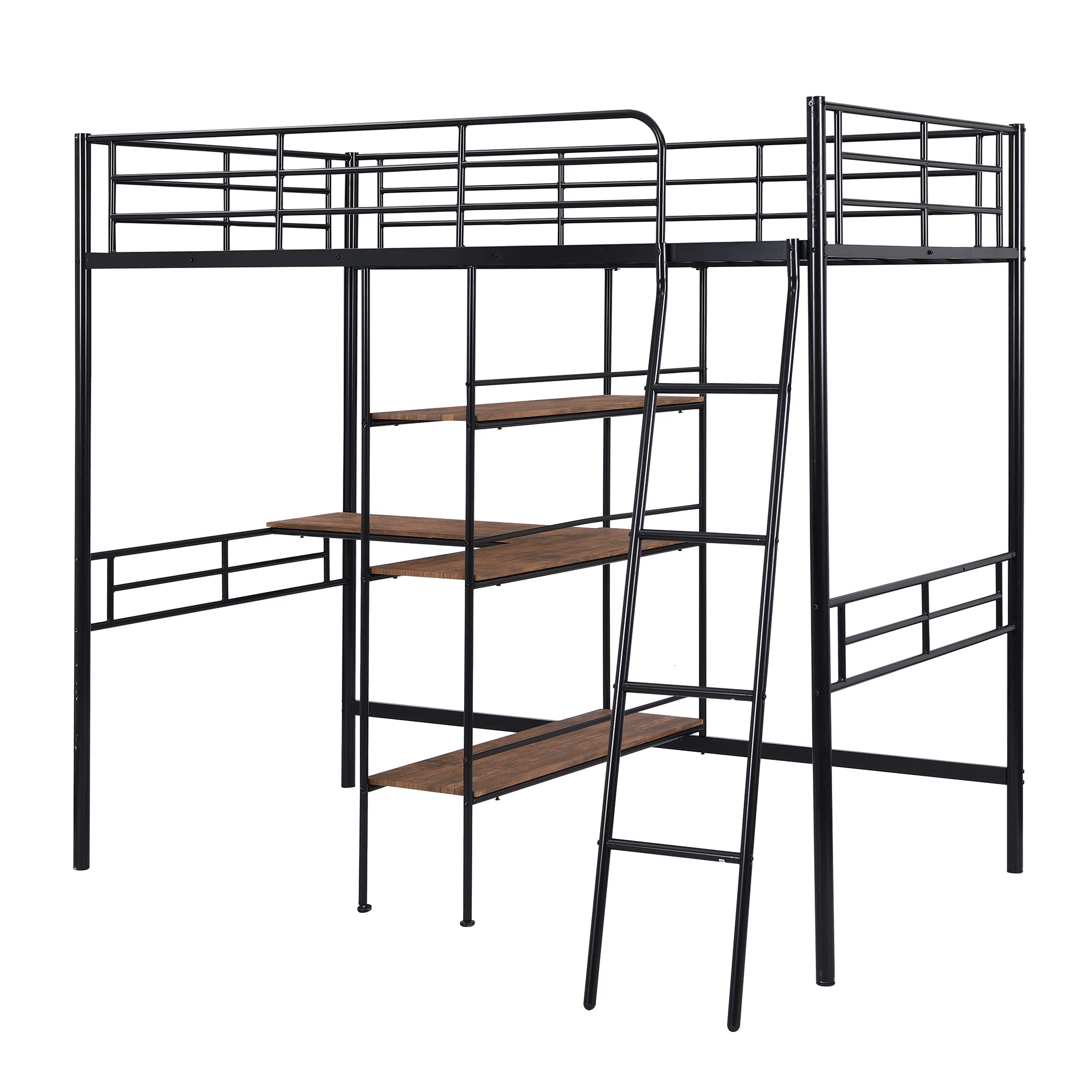 Twin Size Loft Bed with Built-in Desk & 3-Tier Shelves - Under-Bed Workstation, Metal Bed Frame with Ladder & Guardrails - Space Saving Bedroom Furniture for Small Rooms, Dorms & Apartments (Black)