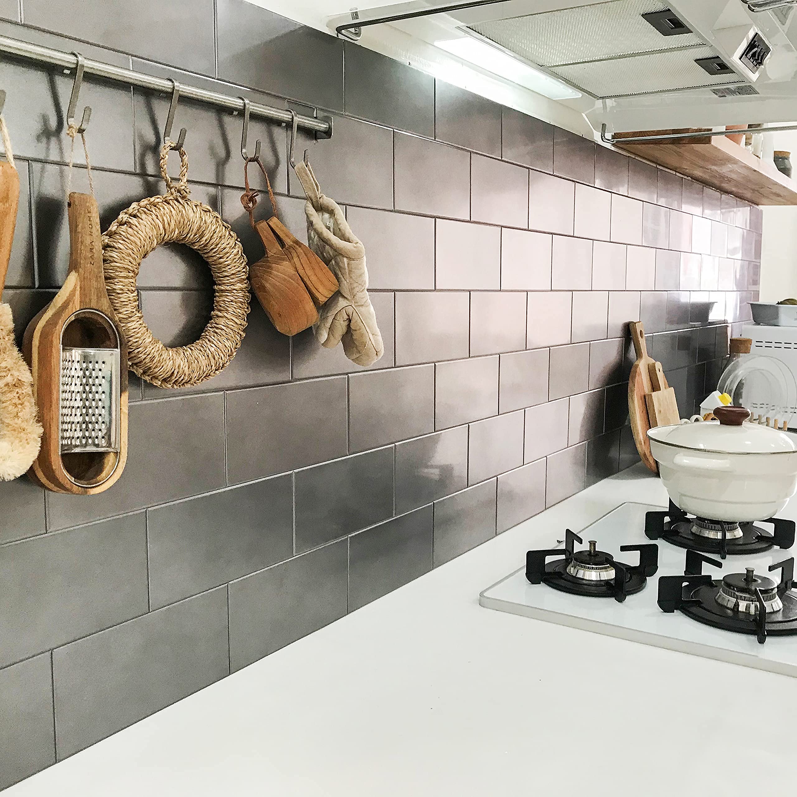 8 Inch x 4 Inch DIY Peel and Stick Metal Kitchen Backsplash Tiles - 50 Pack (Grey) - Easy to Install Removable Wall Stickers for Kitchen, Bathroom, Laundry Room or Office Decor