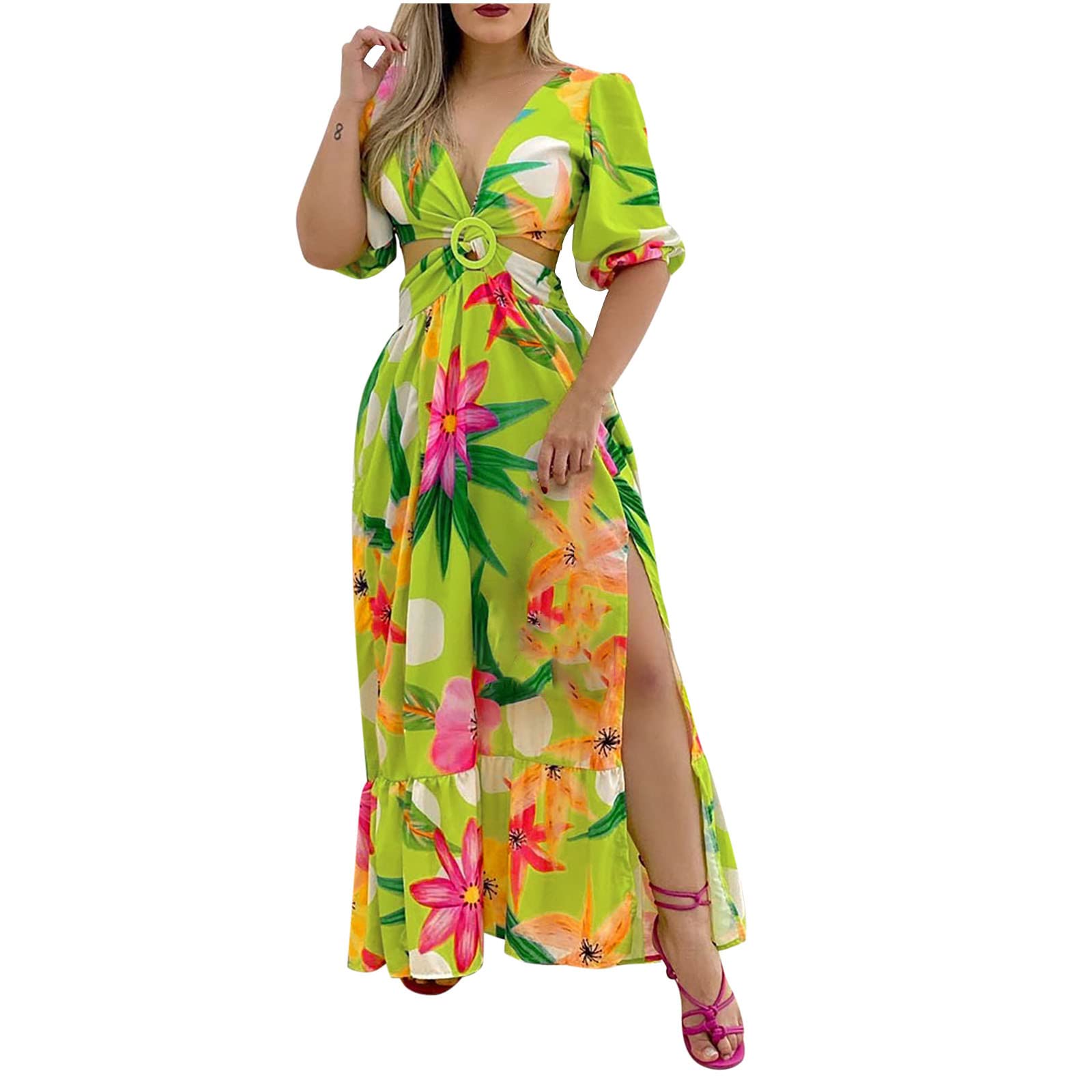 Boho Dresses for Women - Summer Long Sleeve V-Neck Cutout Backless Dress with Thigh Slit | Casual & Party Wear | Perfect for Beach Vacations, Date Nights & Music Festivals