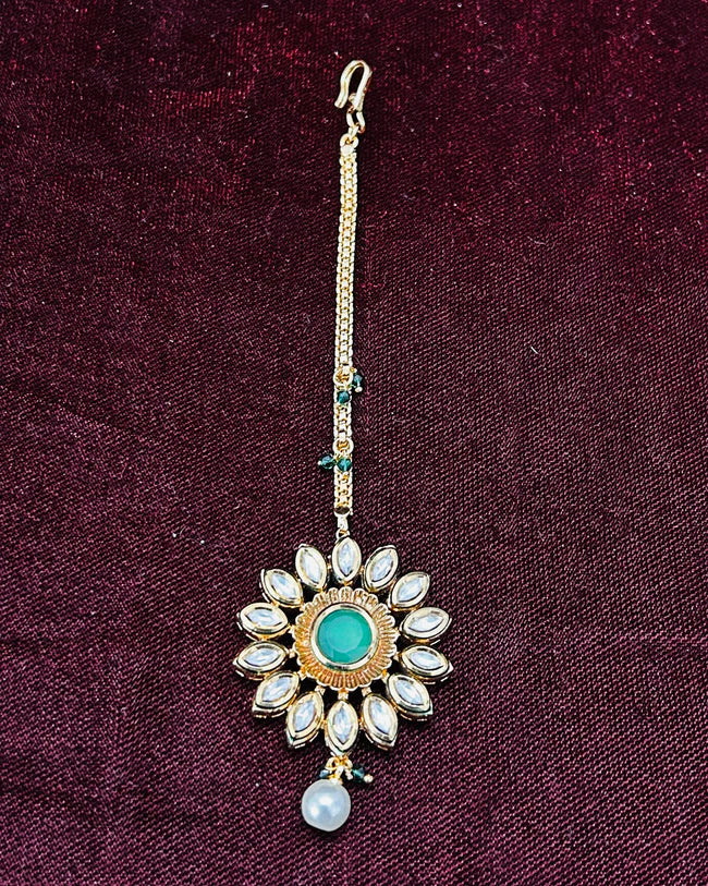 Royal Kundan Maang Tikka Gold Plated Hair Jewelry - Indian Bridal Headpiece for Weddings & Festivals (Design D38)
