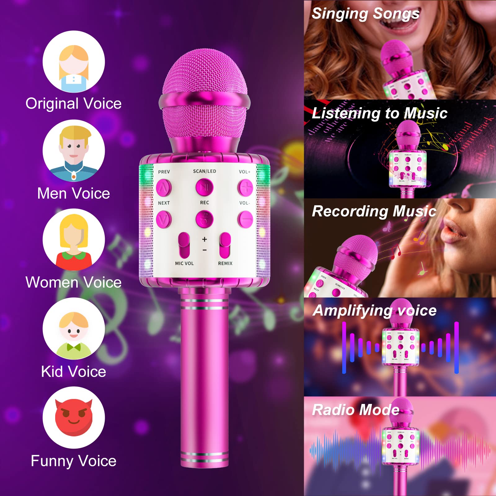Wireless Bluetooth Karaoke Microphone with LED Lights for Kids - Portable Singing Mic, Recorder & Player for Parties, Birthdays - Perfect Gift for Girls & Boys Ages 4-14 (Rose Red) | Great for Home Karaoke, Travel Entertainment & Family Fun