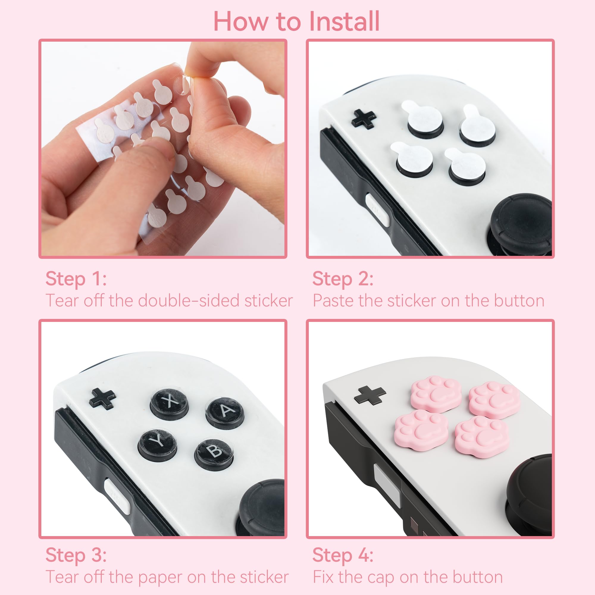 GeekShare Silicone ABXY Button Stickers, Cross D-Pad Keycaps Set, Cat Paw Joystick Cover - Compatible with Nintendo Switch/OLED Joy-Con - Pink & Blue - Gaming Accessories for Enhanced Comfort & Style