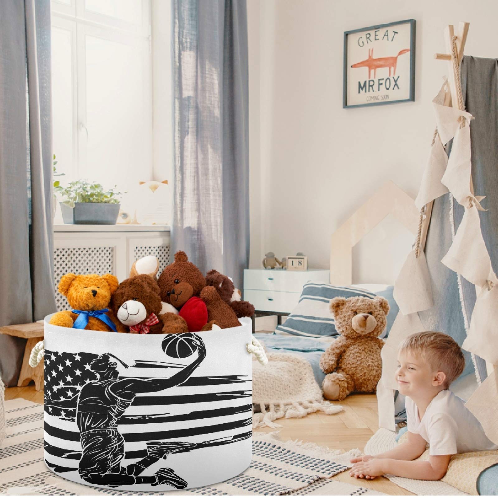 Visesunny Collapsible Fabric Storage Basket - American Flag Basketball Design Laundry Bin for Clothes, Toys & Organizing | Perfect for Bathroom, Bedroom, Nursery, Closet & Office | Multi-Purpose Storage Solution for Home & Sports Fans