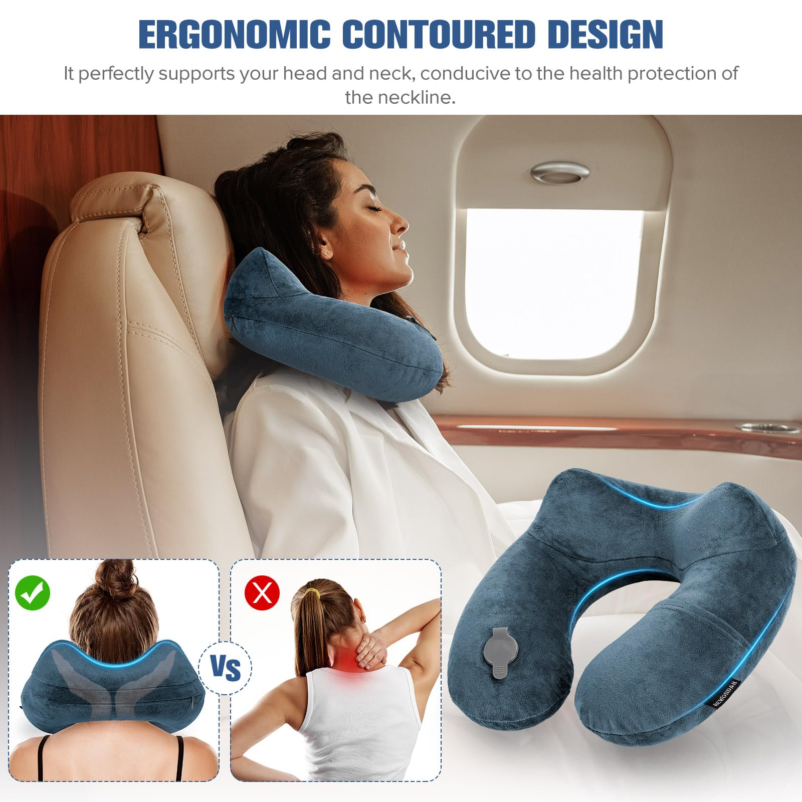 Rewondah Inflatable Travel Pillow for Airplane Sleeping - Portable Neck Pillow with Washable Cover for Air Travel, Road Trips & Commuting - Comfortable Blow Up Neck Support for Planes, Cars, Trains & Office Naps