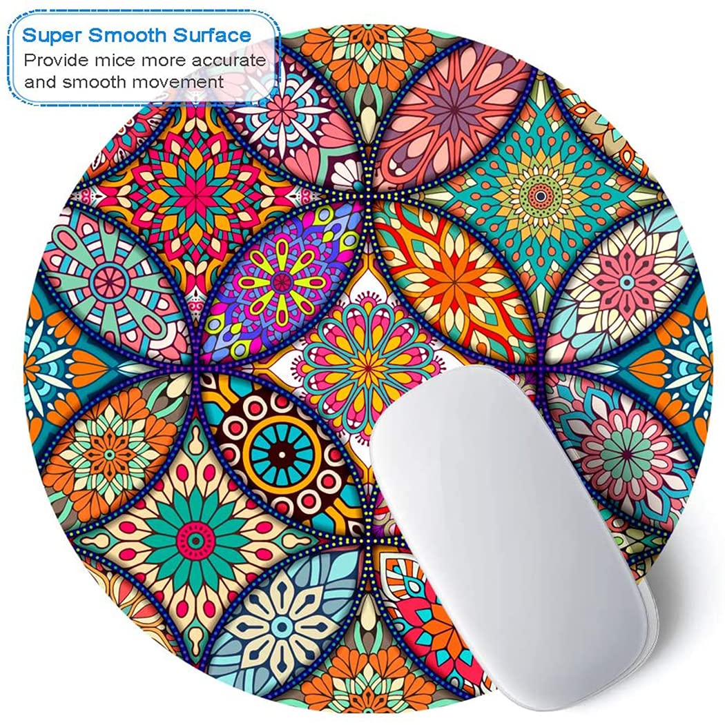 BOSOBO Round Mandala Mouse Pad - Non-Slip Rubber Base, Stitched Edge, Waterproof Office Mouse Mat for Women (7.9 x 7.9 Inch) - Perfect for Home, Office & Gaming Desks