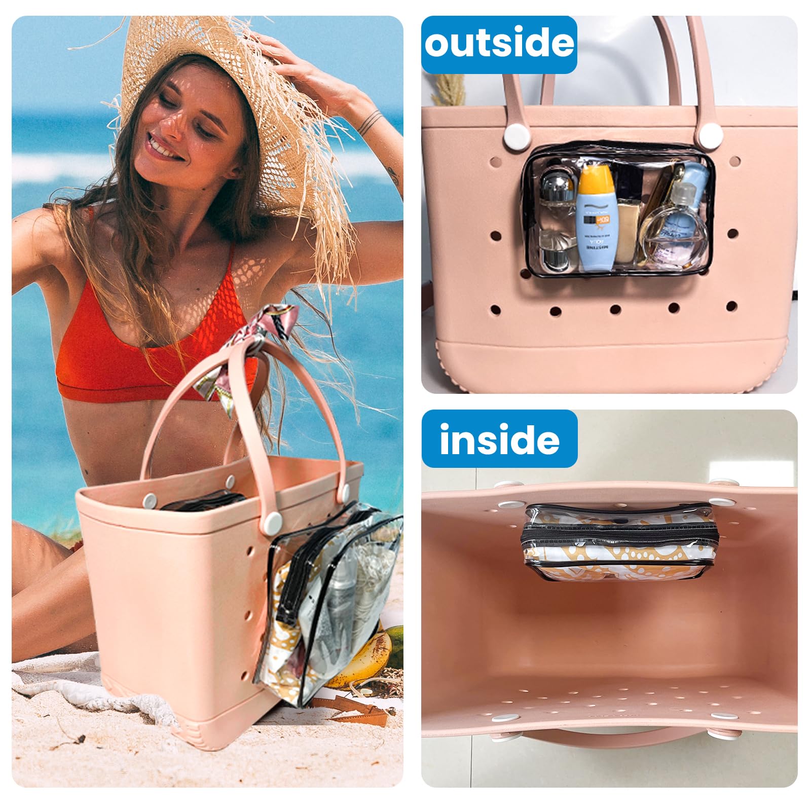 Bogg Bag Clear Insert Organizer - Transparent Zippered Inner Bag Divider for Travel & Beach Accessories | Perfect for Toiletries, Brushes & Storage in Bogg Tote Bags