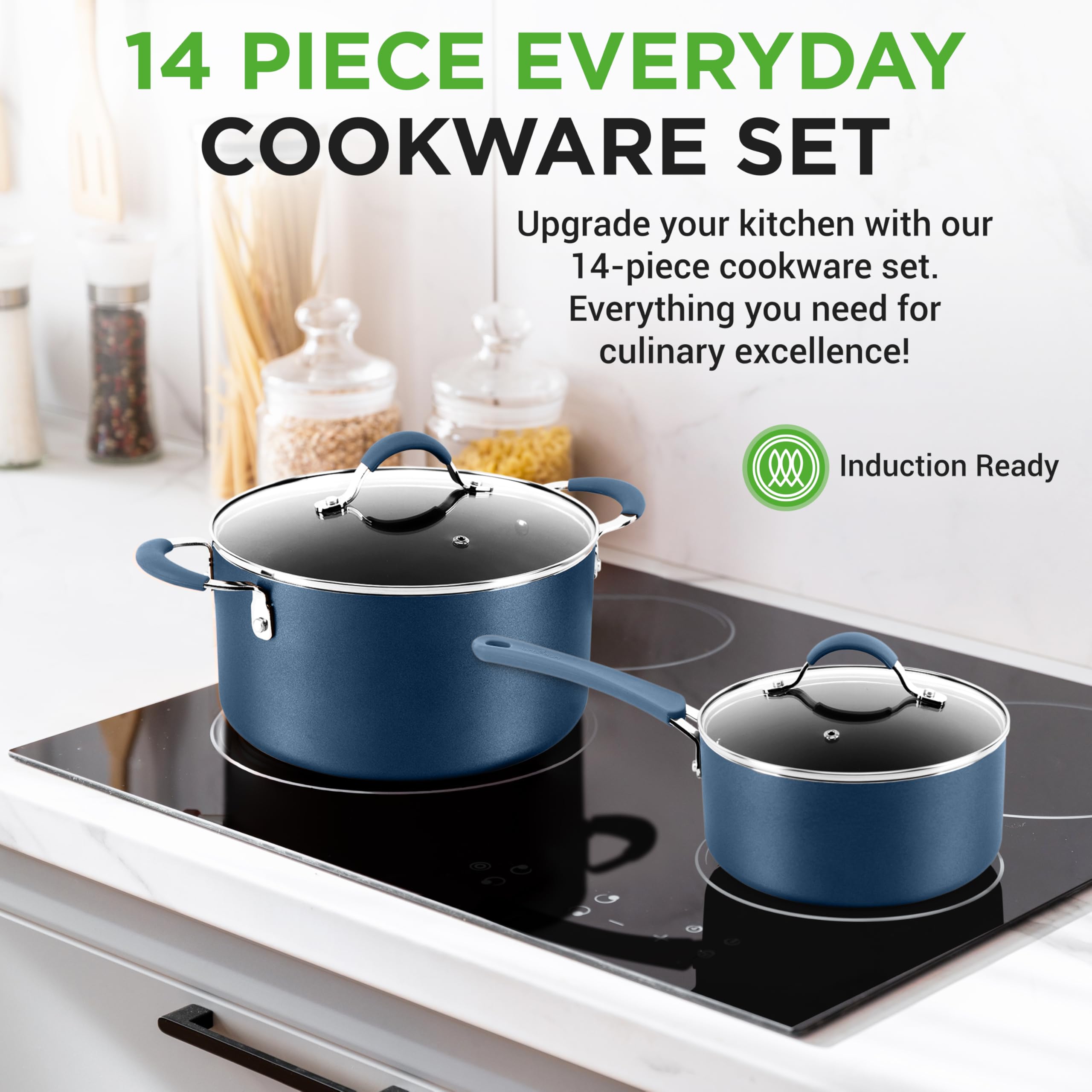 NutriChef 14-Piece Navy Blue Non-Stick Cookware Set with Lids & Utensils - Durable Pots and Pans for Gas, Electric & Induction Cooktops - Perfect for Everyday Cooking, Meal Prep & Family Dinners