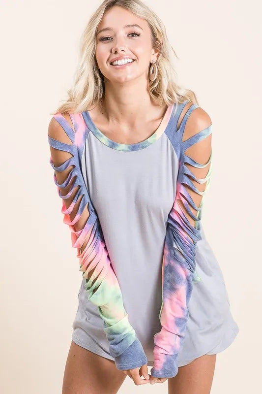 Bibi Jersey Knit Top with Tie Dye Laser Cut Sleeves in Ice Grey | Women's Fashion T-Shirt | Casual Wear & Street Style Outfit