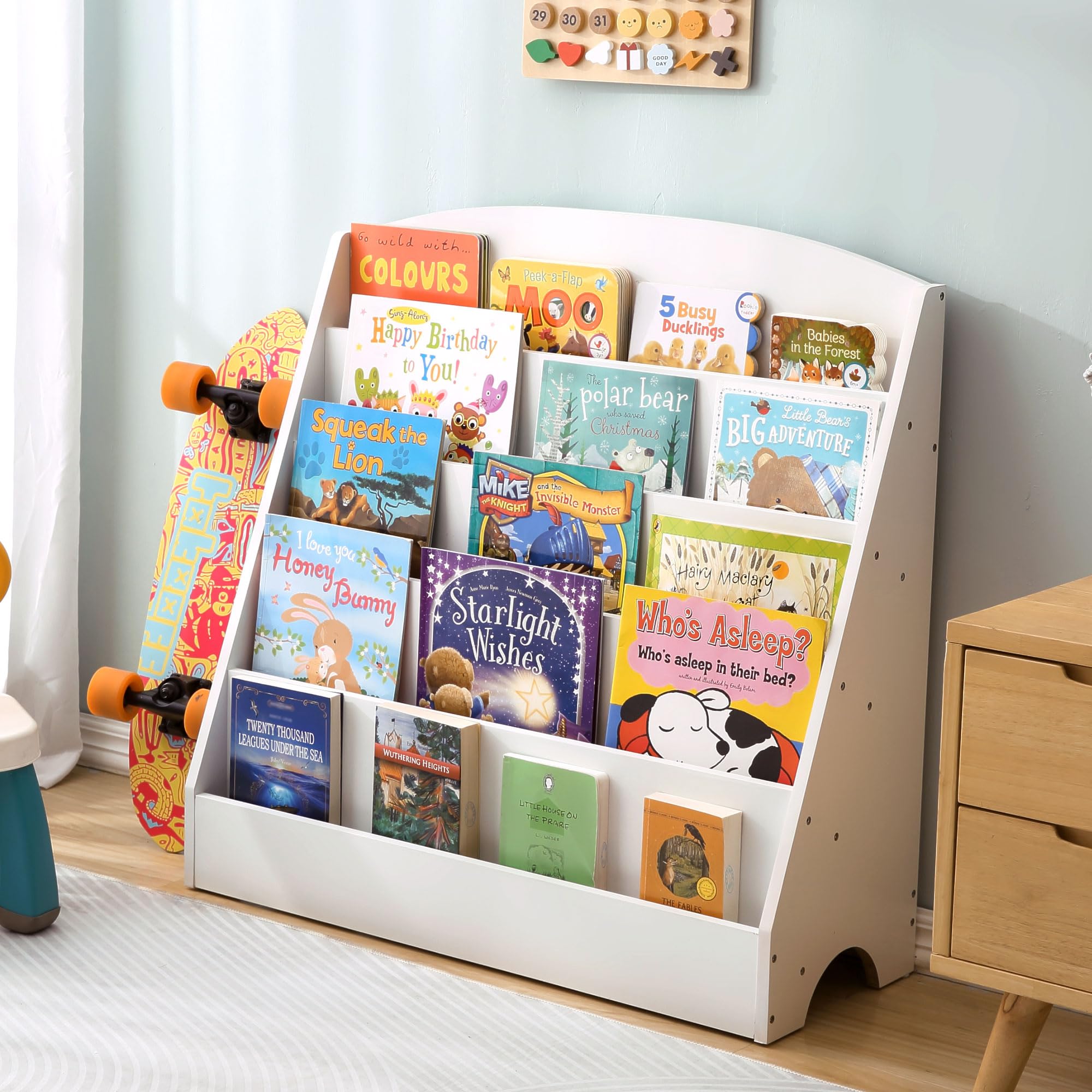 TOETOL 5-Tier Wooden Kids Bookshelf - Sturdy Toddler Book Display Organizer for Classroom, Playroom & Nursery - White Children's Book Storage Rack - Perfect for Daycare, Homeschool & Bedroom Reading Corner