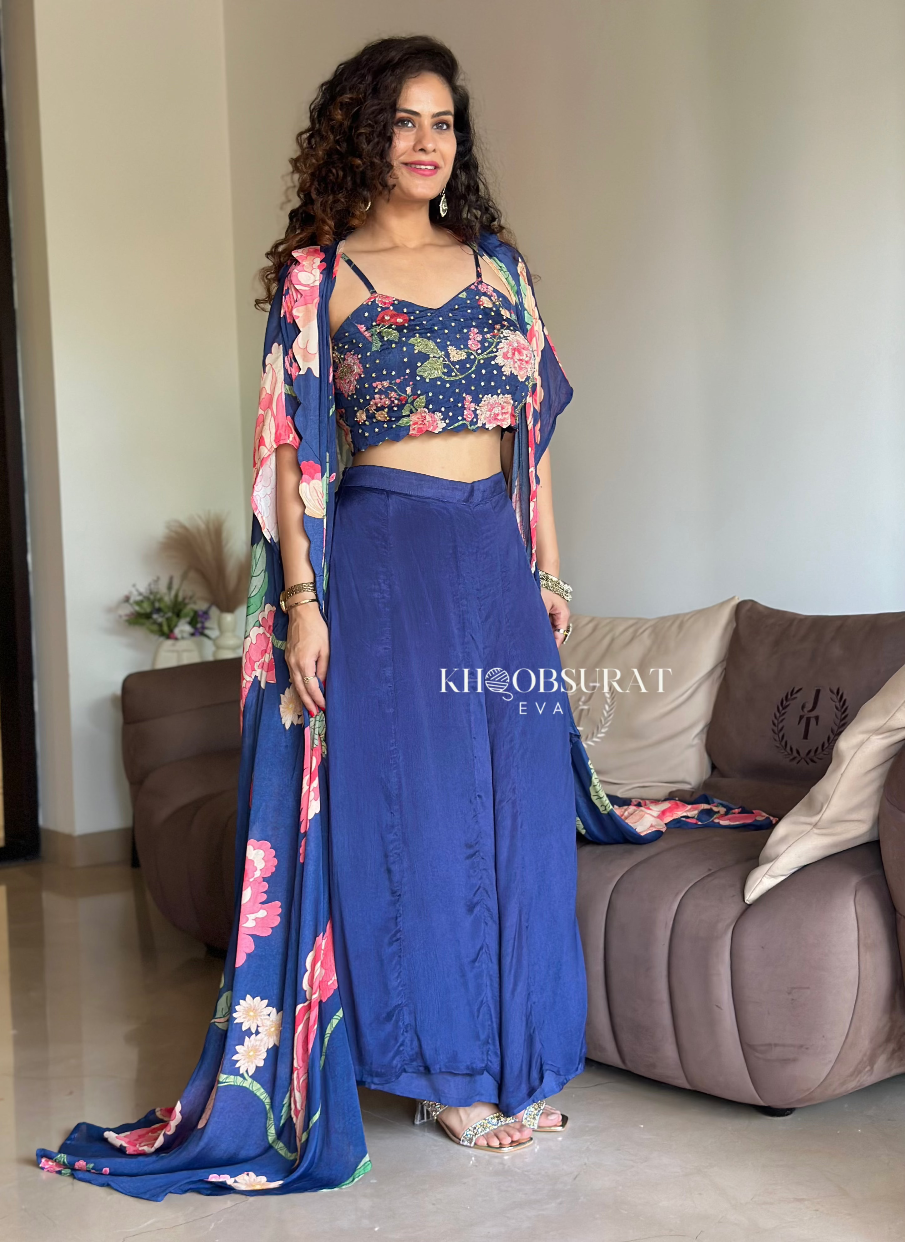 Sparkly Blue Sequin Crop Top with Matching Jacket & Palazzo Pants Set - Perfect for Parties, Night Out, and Special Occasions
