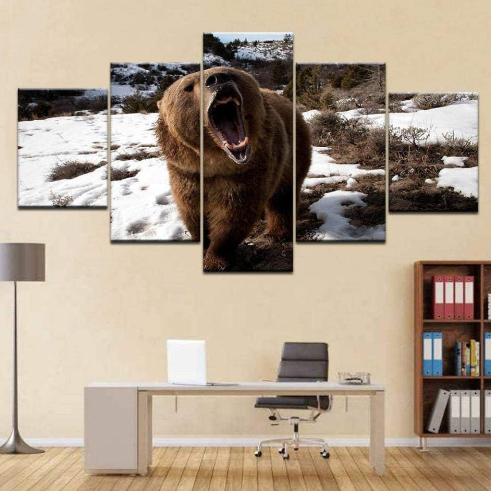 YBMABY Grizzly Bear Brown Forest Snow 5-Piece Canvas Wall Art Set - 60x32 Inch Multi Panel Nature Picture for Living Room, Bedroom & Office Decor - Perfect for Home, Cabin & Wilderness Themed Interior Design