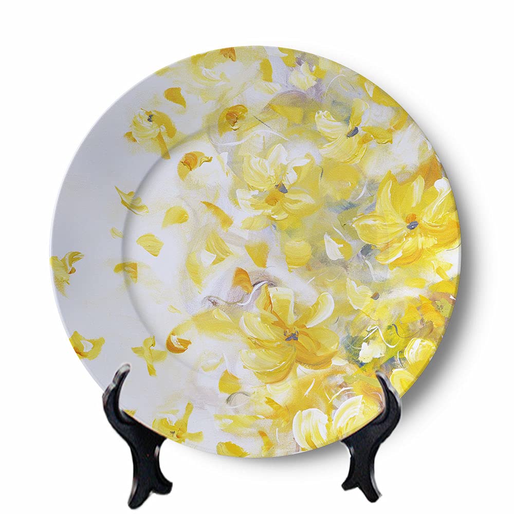 Fall Decorative Ceramic Plate Stand - 7 Inch Yellow Flower Wall Hanging Round Plates for Home & Office Decor | Perfect for Thanksgiving, Autumn Wall Decor and Seasonal Table Centerpiece