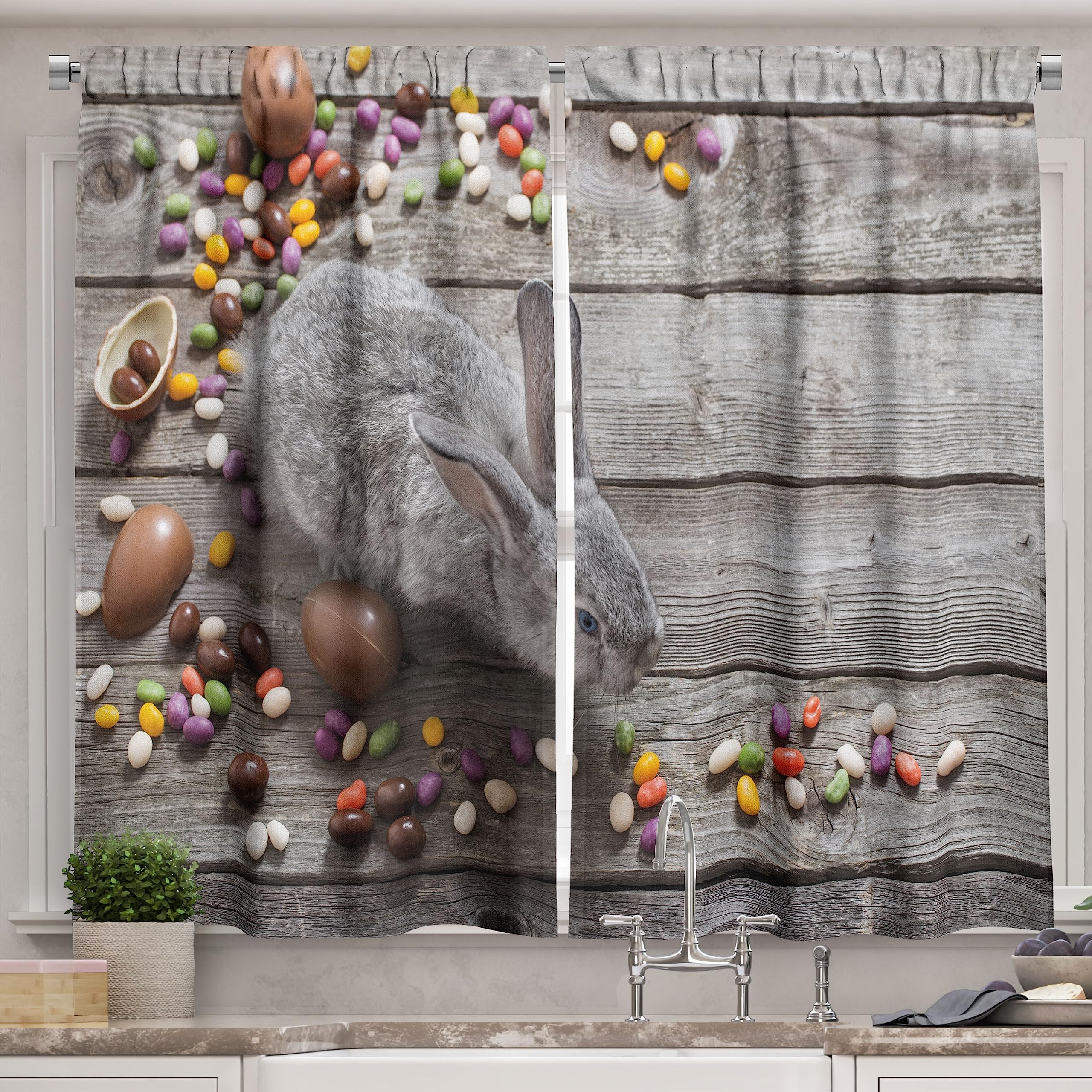 Ambesonne Easter Bunny Kitchen Curtains - 2 Panel Set with Rabbit Photo on Wooden Background, Rustic Spring Holiday Decor for Windows, 55
