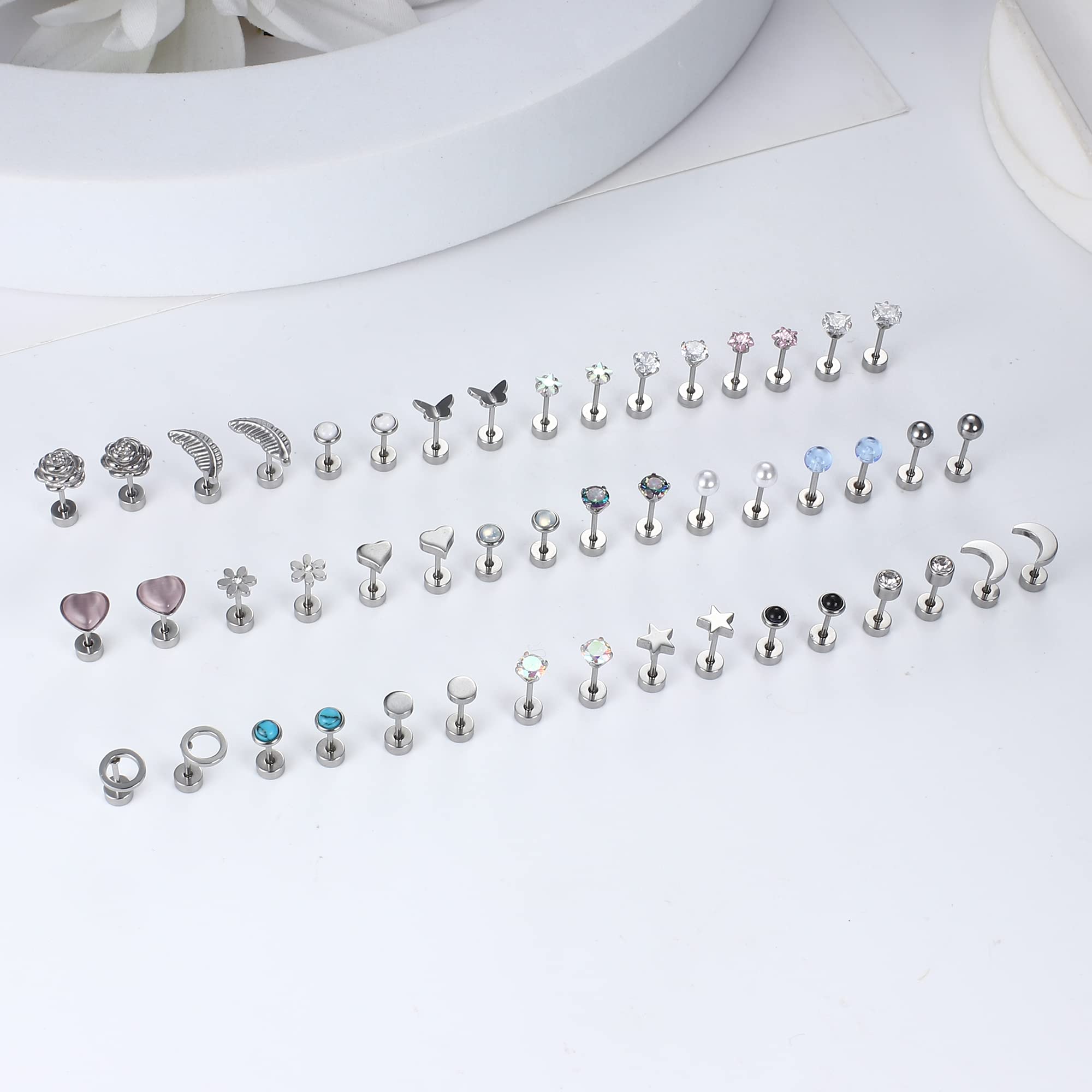 KRFY 24 Pairs Stainless Steel Stud Earrings for Women & Girls - Small Silver Flatback Cubic Zirconia Geometric Studs Set | Perfect for Everyday Wear, Gifts & Special Occasions