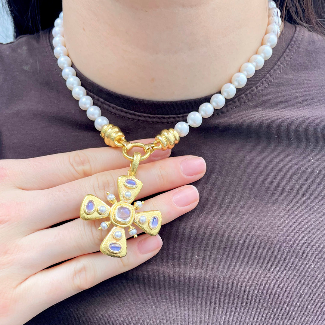 Elizabeth Locke Moonstone & Pearl Maltese Cross Pendant Necklace - Elegant Jewelry for Women, Perfect Gift for Birthday, Anniversary & Special Occasions