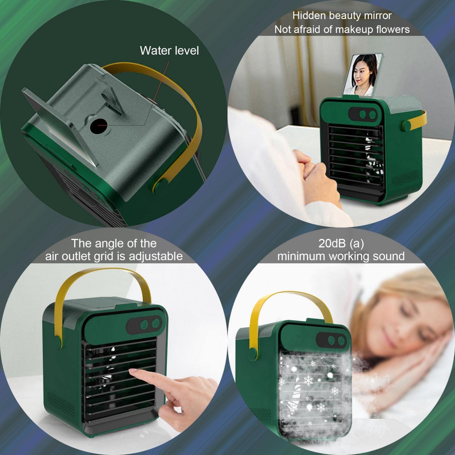 Portable USB Evaporative Air Cooler with Phone Holder - 3 Speed Quiet Misting Fan, 150ml Water Tank for Office, Home, Travel & Camping (Green) | Personal Cooling Solution for Hot Weather & Outdoor Activities